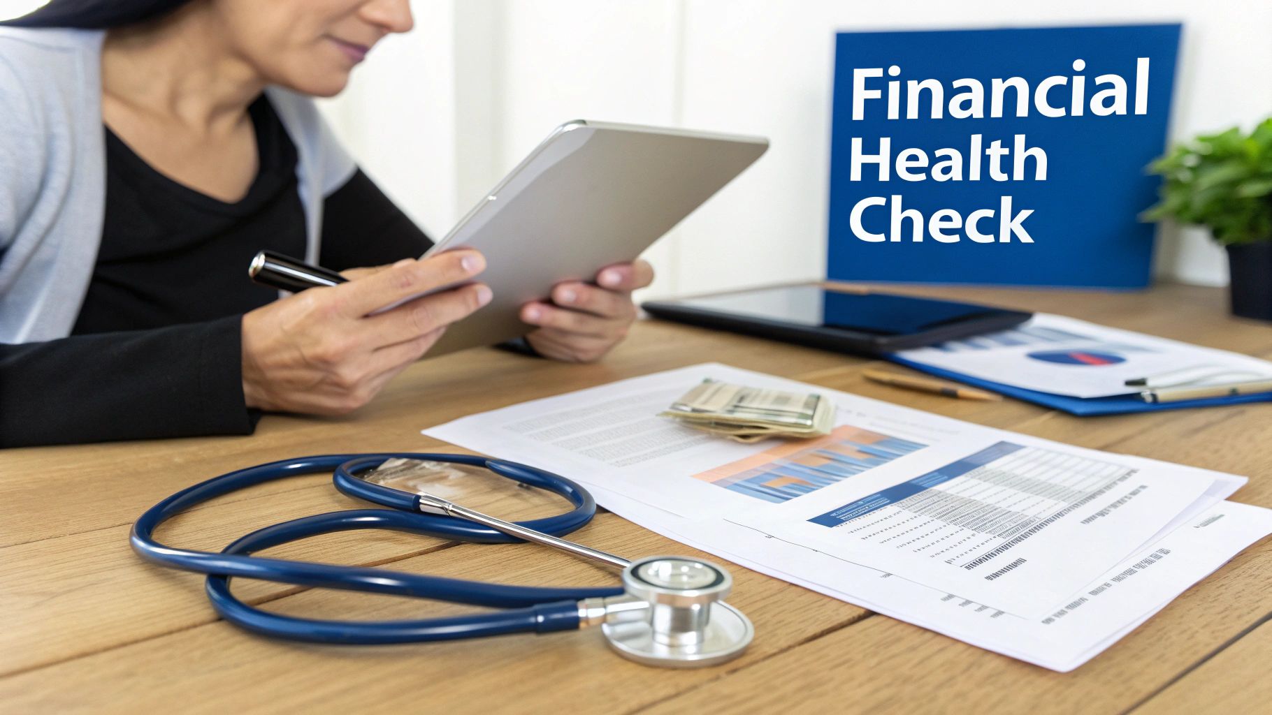 Woman analyzes financial health, checking documents and tablet, with a stethoscope and cash nearby.