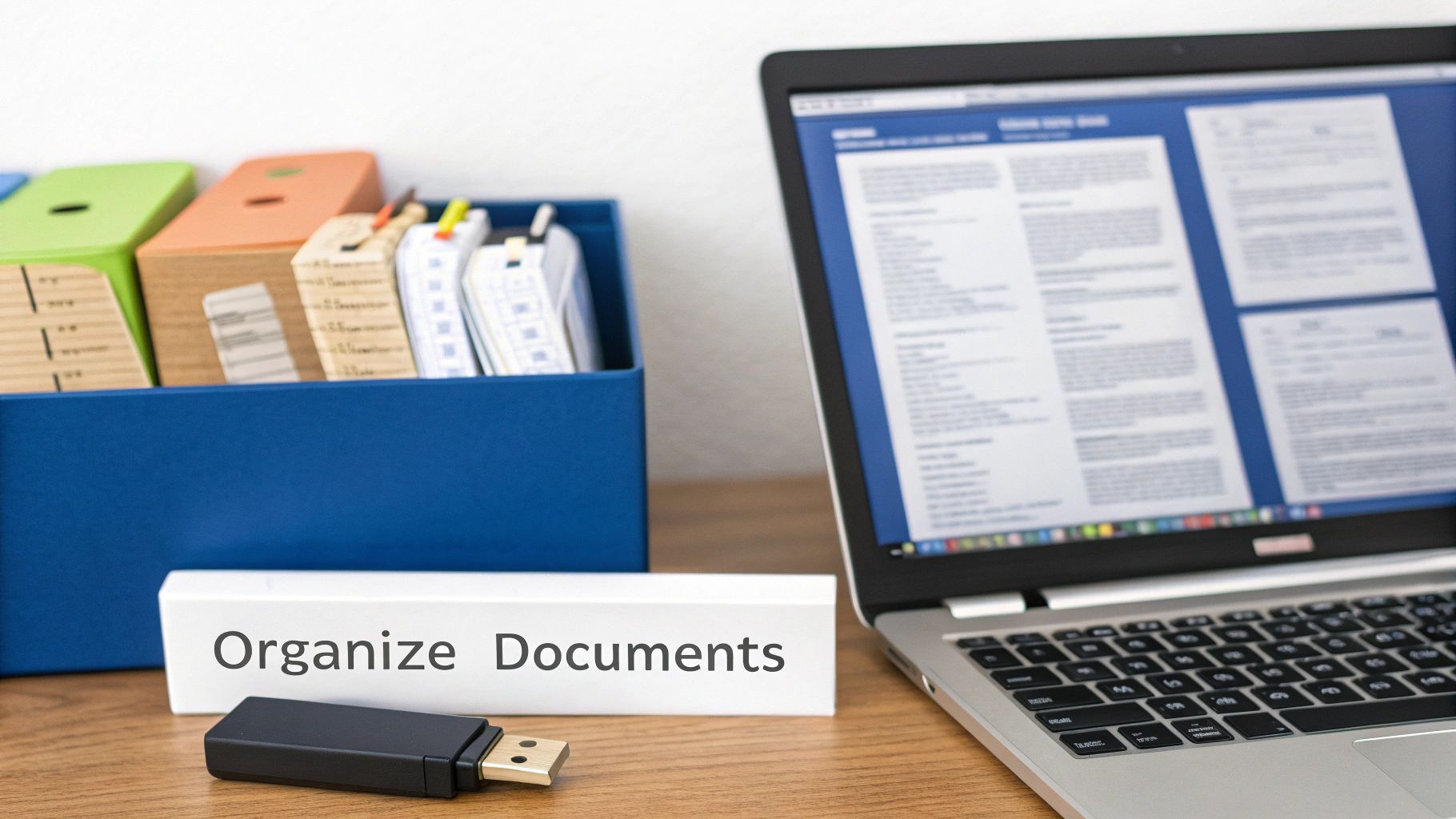A desk with a laptop, a document organizer box, and a sign reading "Organize Documents."