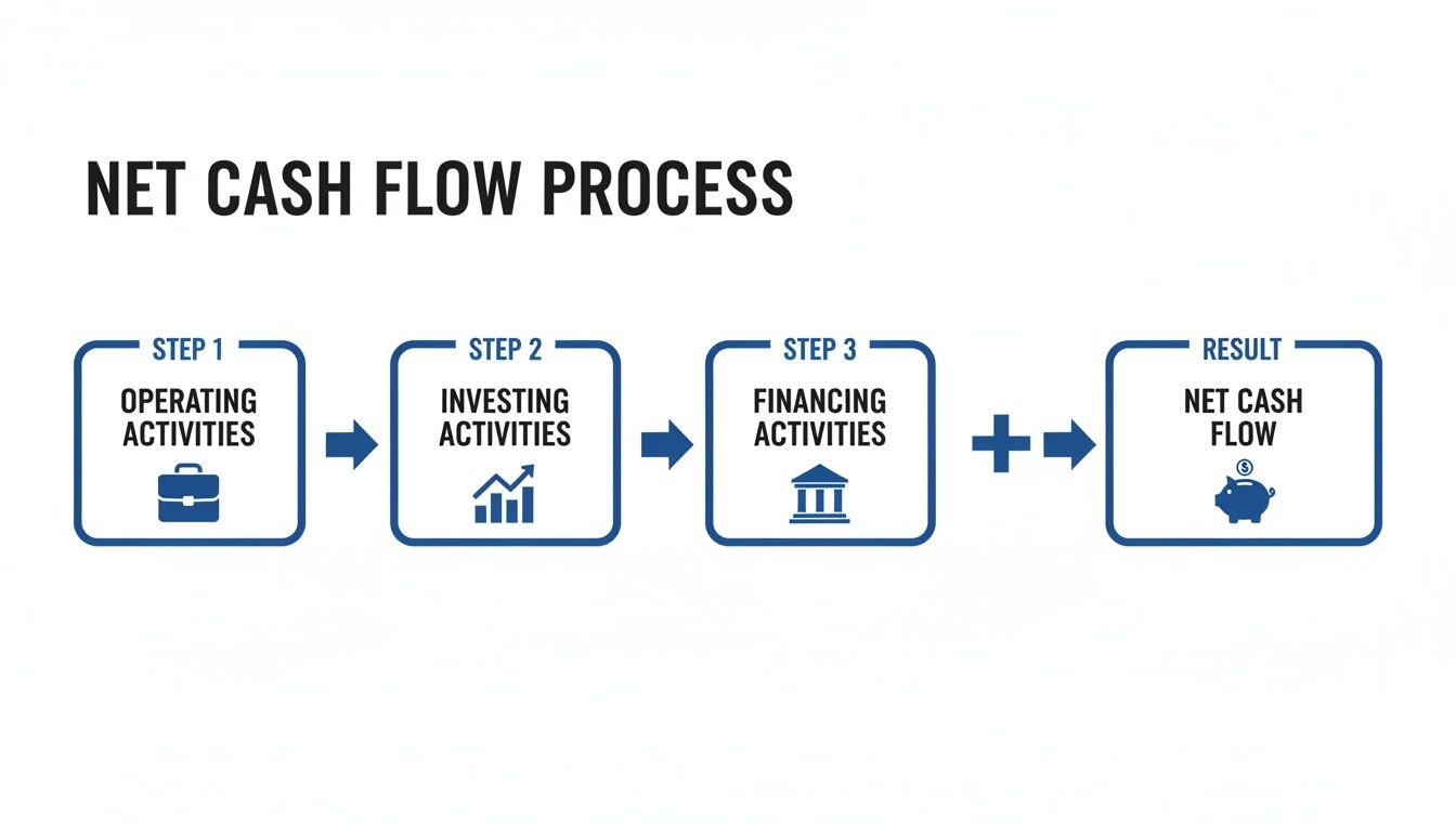 Infographic showing the Net Cash Flow process: Operating, Investing, and Financing Activities combine to yield Net Cash Flow.