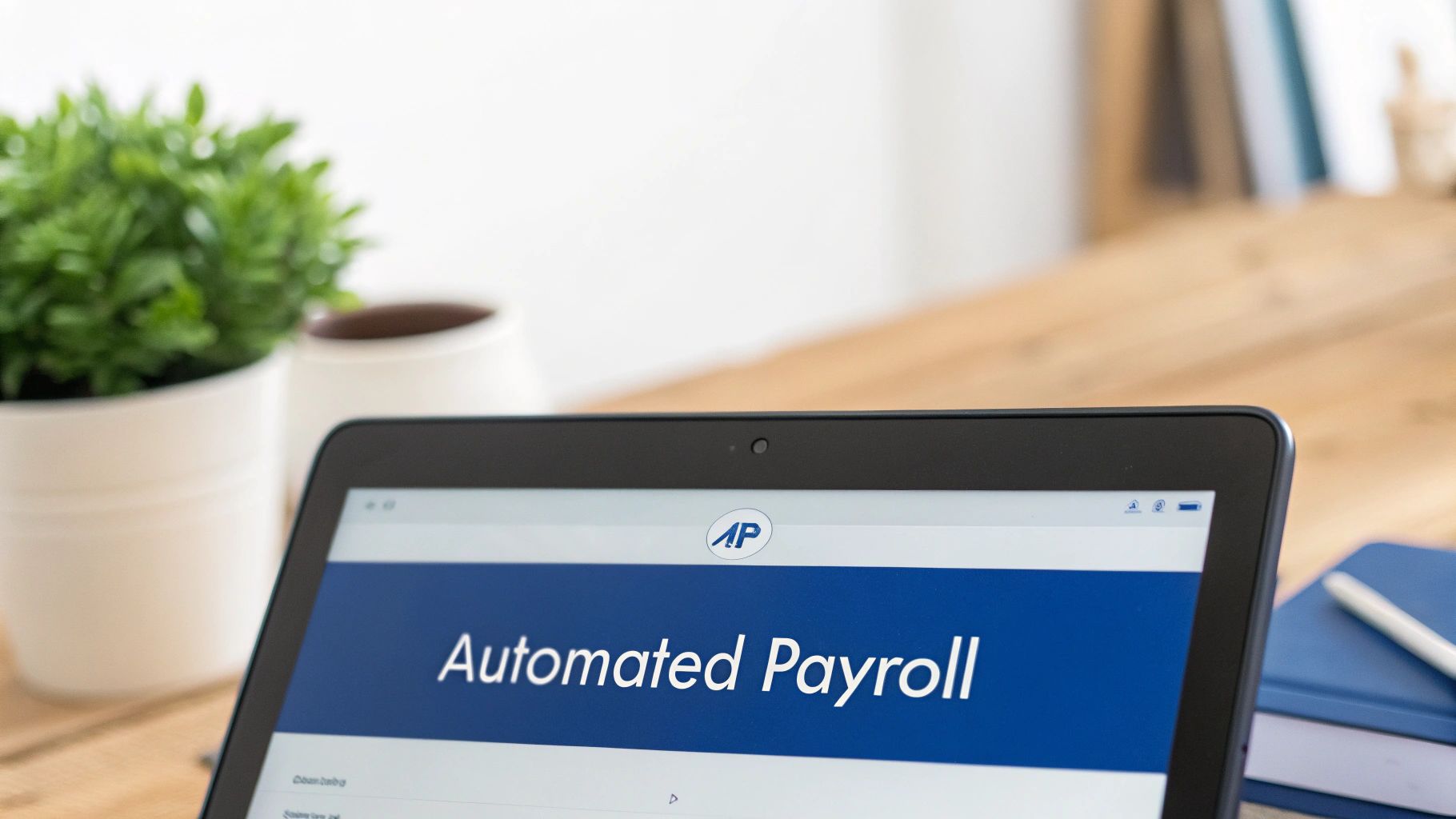 A tablet displaying "Automated Payroll" software and the AP logo on a wooden desk with a plant.