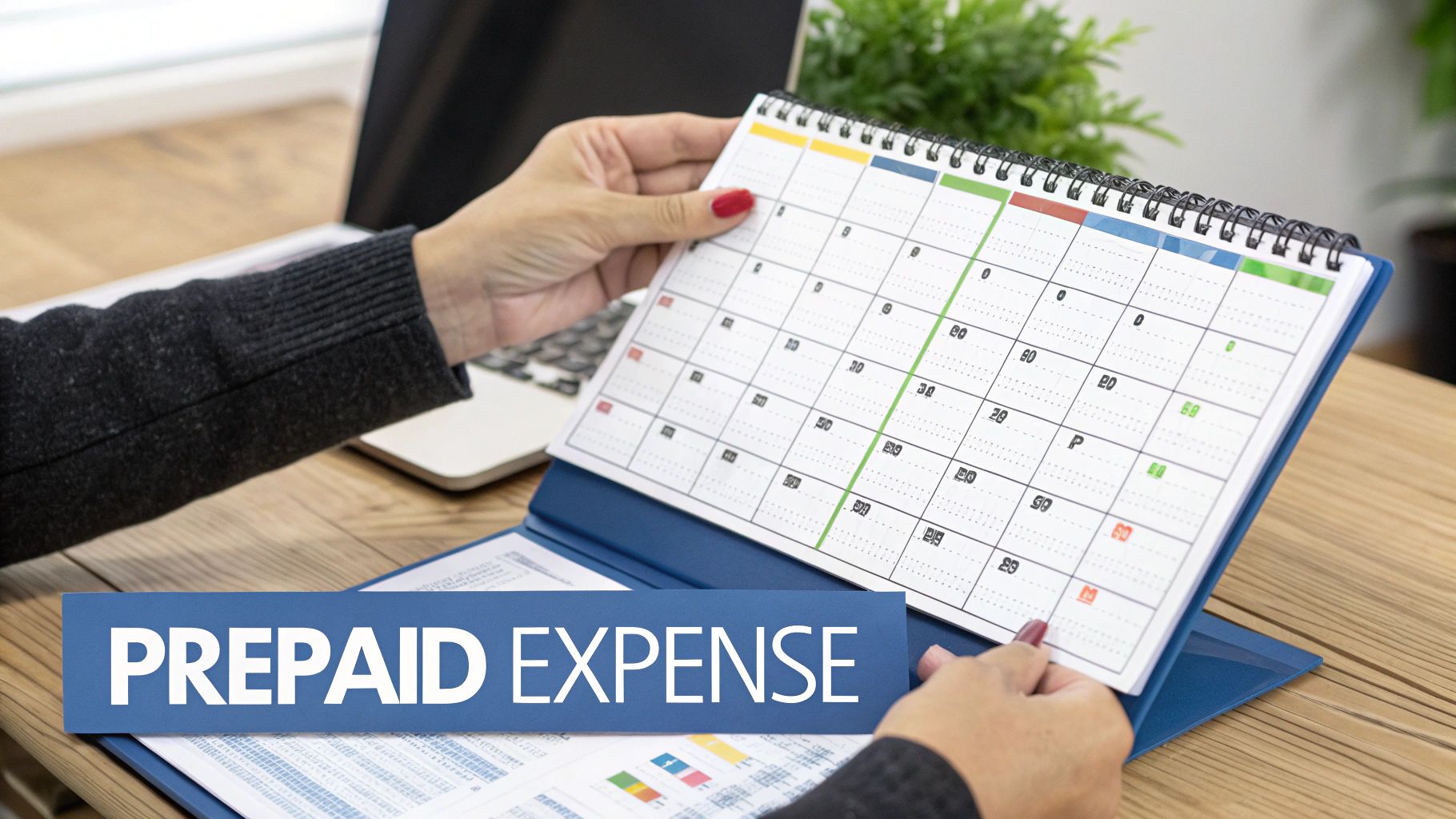 Hands holding a desk calendar with dates and numbers, focusing on a blue banner with 'PREPAID EXPENSE'.