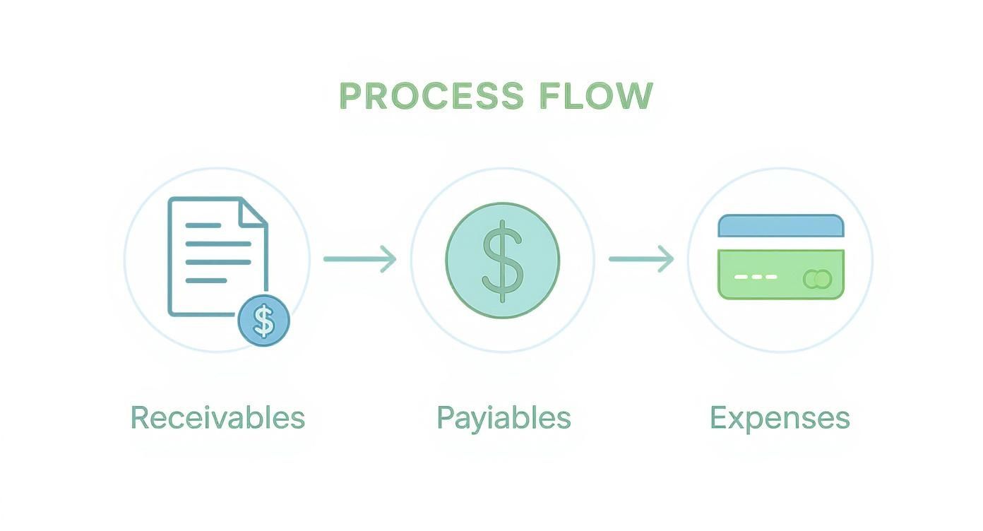 Financial process flow illustrating the stages of receivables, payables, and expenses with icons.