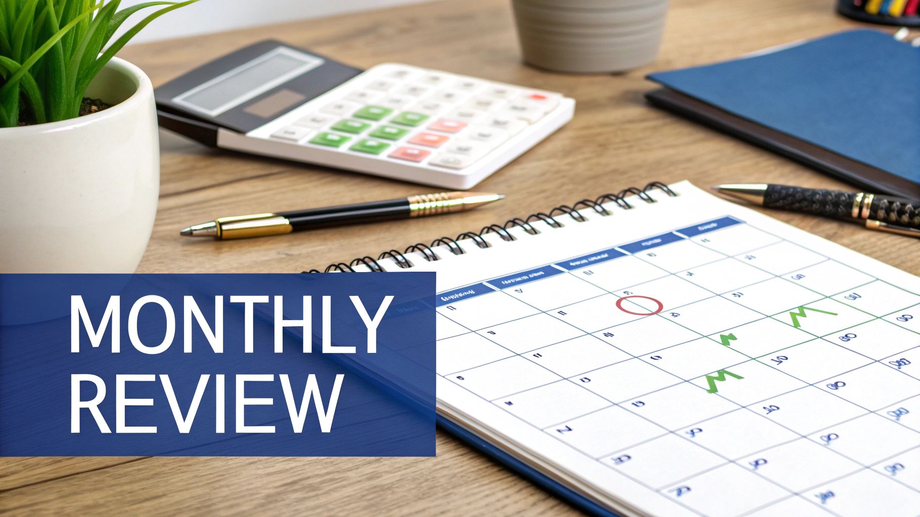 A desk with a calculator, pen, and calendar displaying 'MONTHLY REVIEW', symbolizing financial planning.
