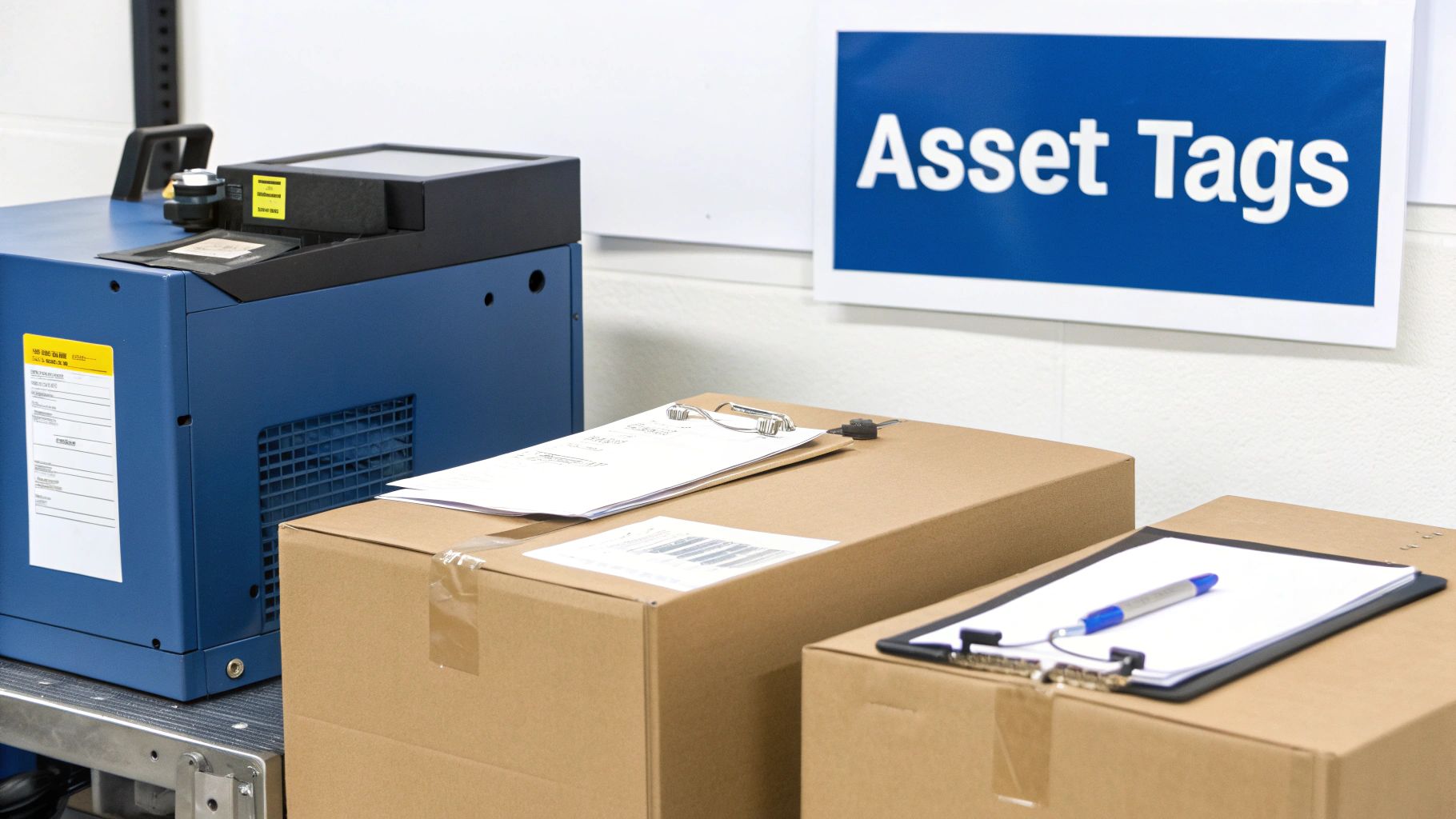 A blue machine, cardboard boxes, and clipboards with papers under an 'Asset Tags' sign.
