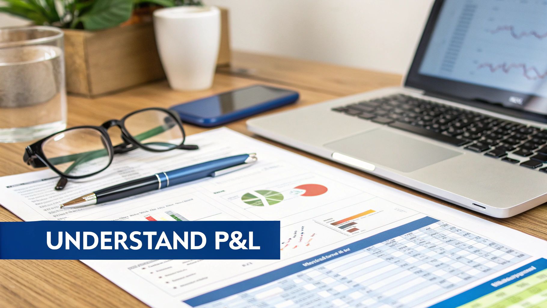 Desk with financial reports, a laptop showing charts, glasses, and a pen, highlighting 'Understand P&L'.