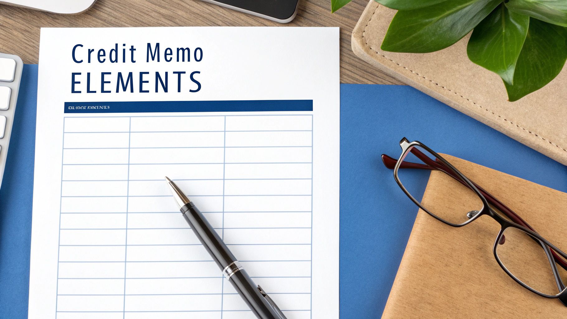 Credit memo elements document on desk with pen, glasses, and office supplies
