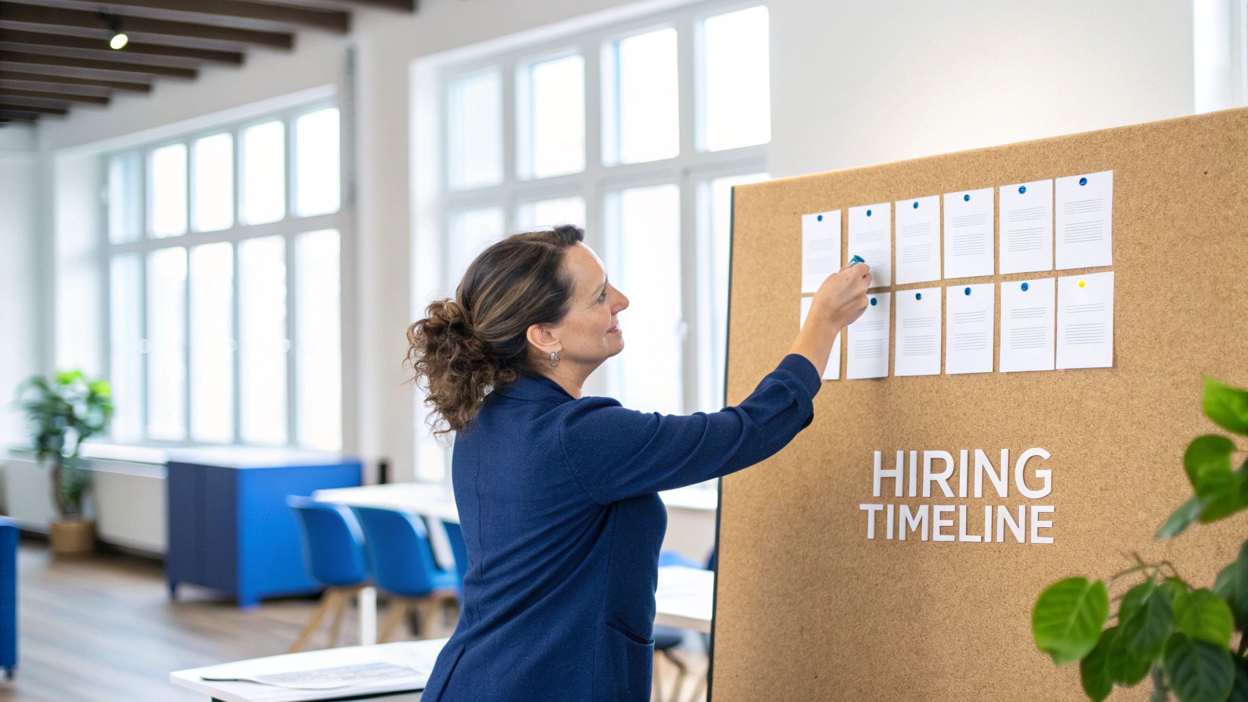 A woman organizes a hiring timeline on a cork board, pinning job applications.
