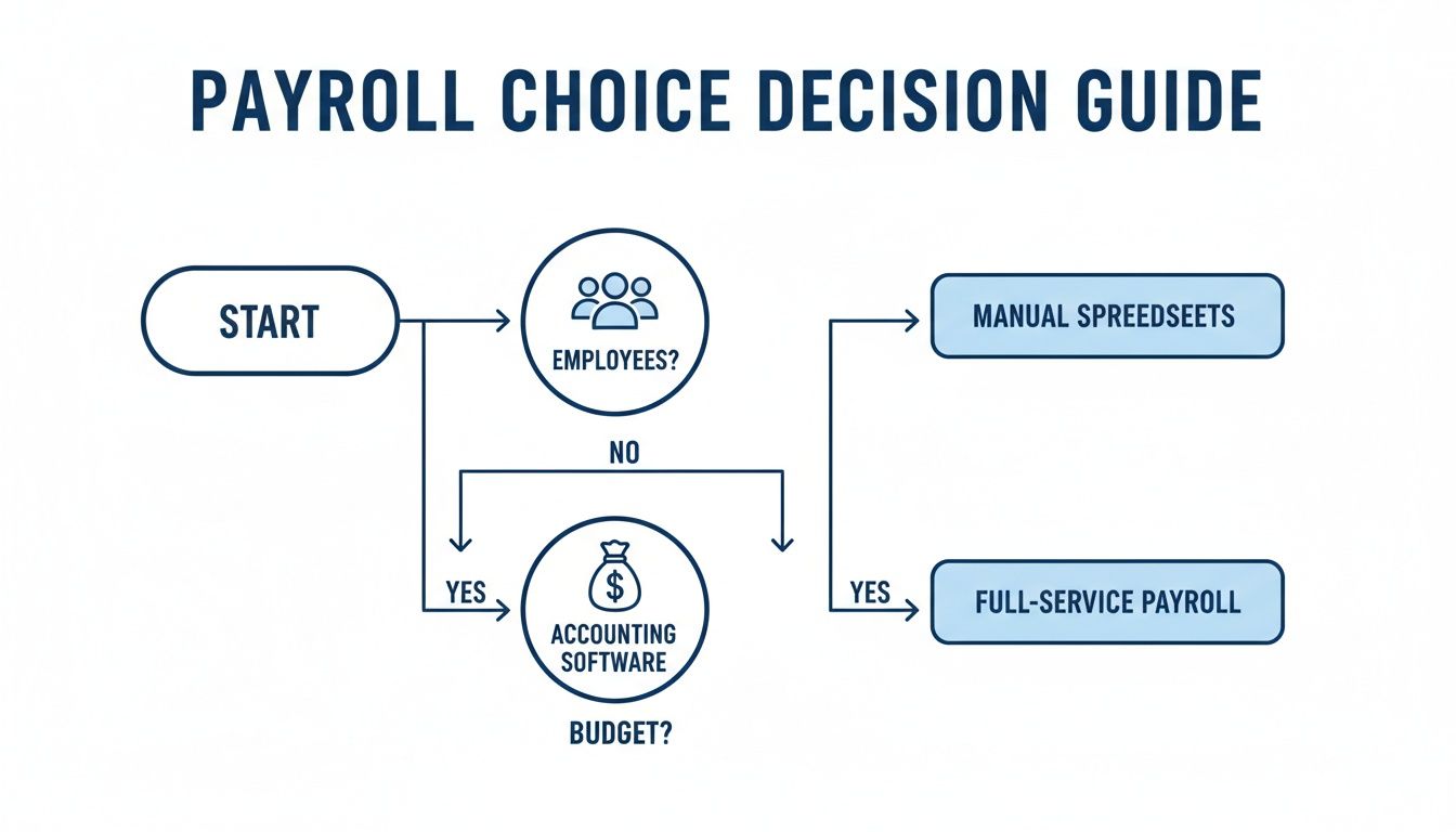 Flowchart titled "Payroll Choice Decision Guide" showing options for managing payroll based on employee status.
