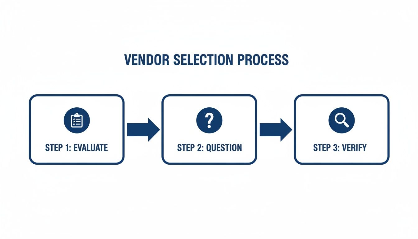 A flowchart illustrates the Vendor Selection Process with three steps: Evaluate, Question, and Verify.