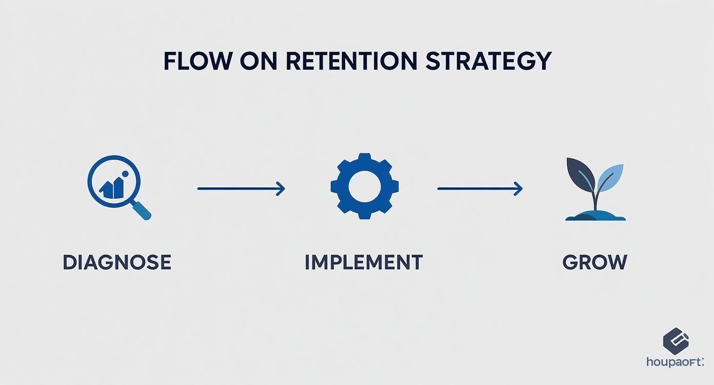 Flowchart illustrating a retention strategy with steps: diagnose (magnifying glass), implement (gear), and grow (plant).