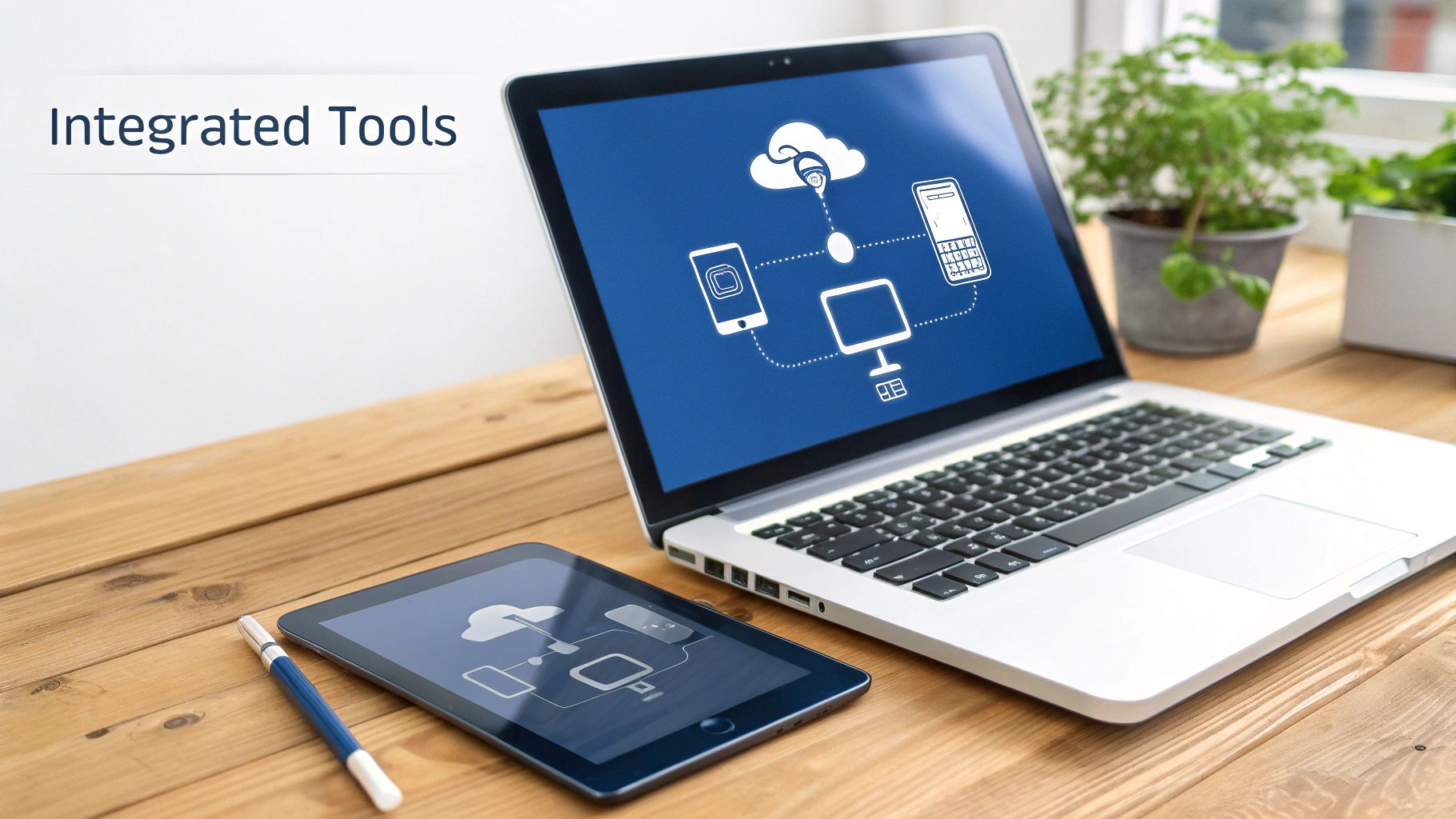 Laptop and tablet displaying integrated cloud tools on a wooden desk with a pen.