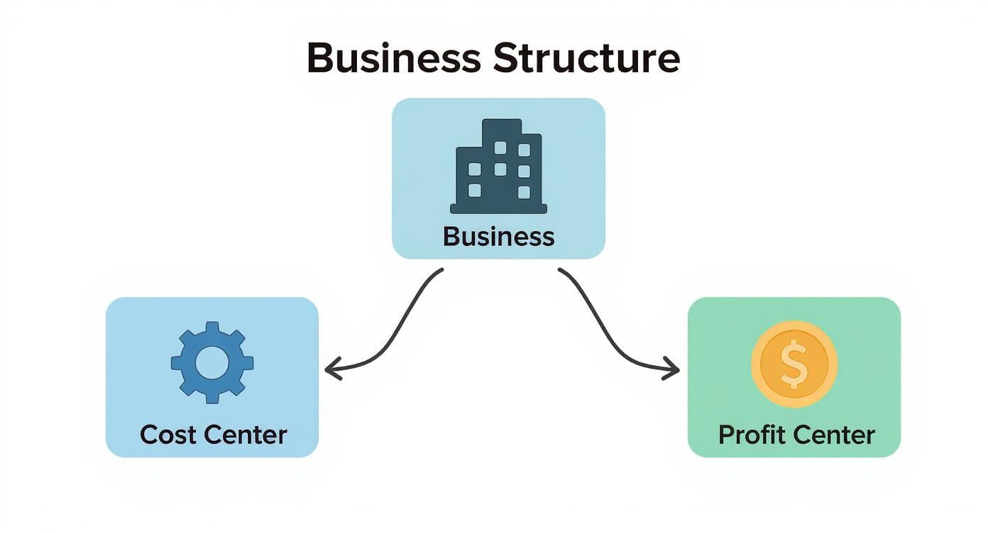 Diagram illustrating a business structure, connecting business to both cost centers and profit centers.
