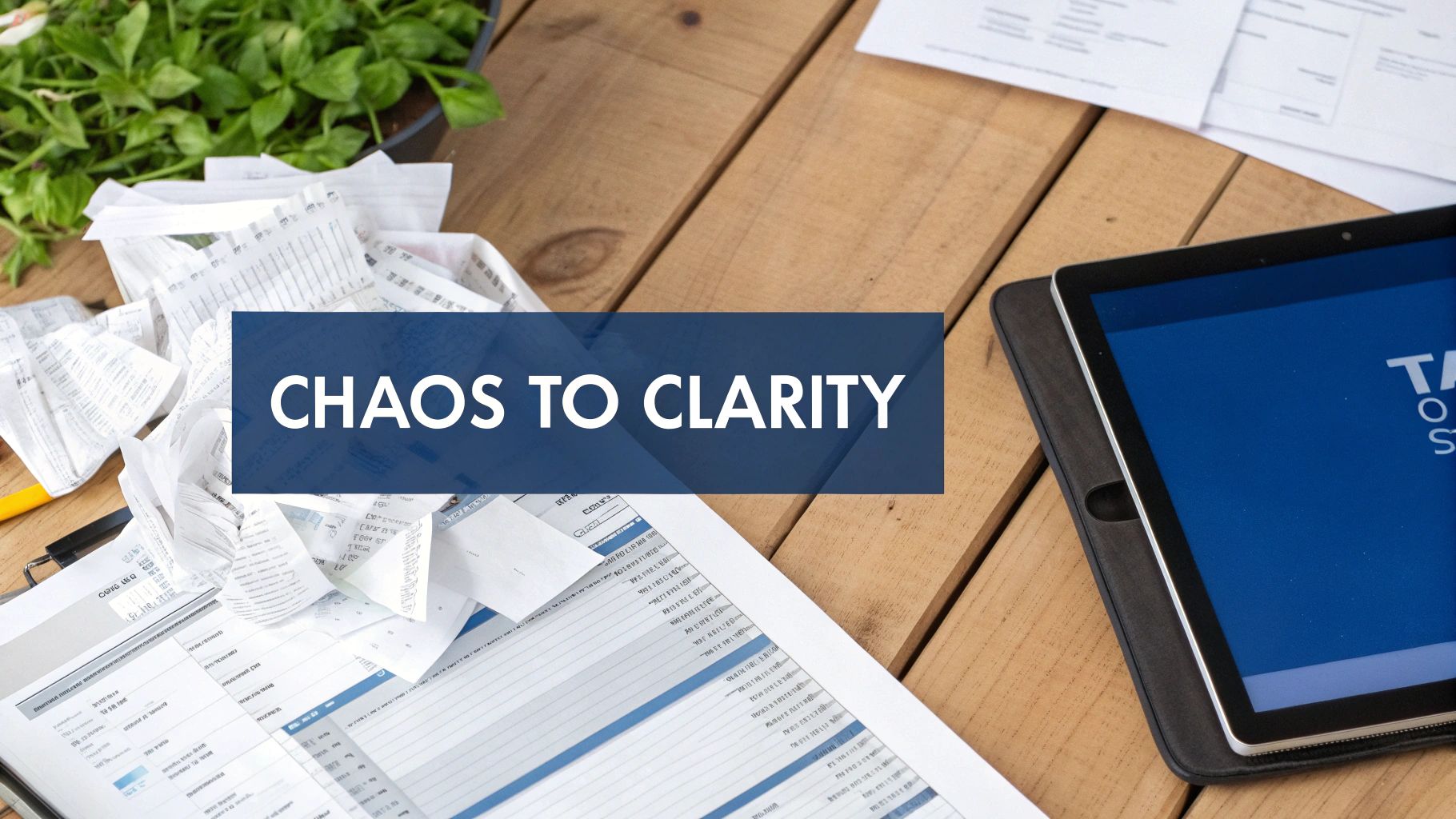 A desk with messy receipts, financial papers, and a tablet with 'CHAOS TO CLARITY' overlay.