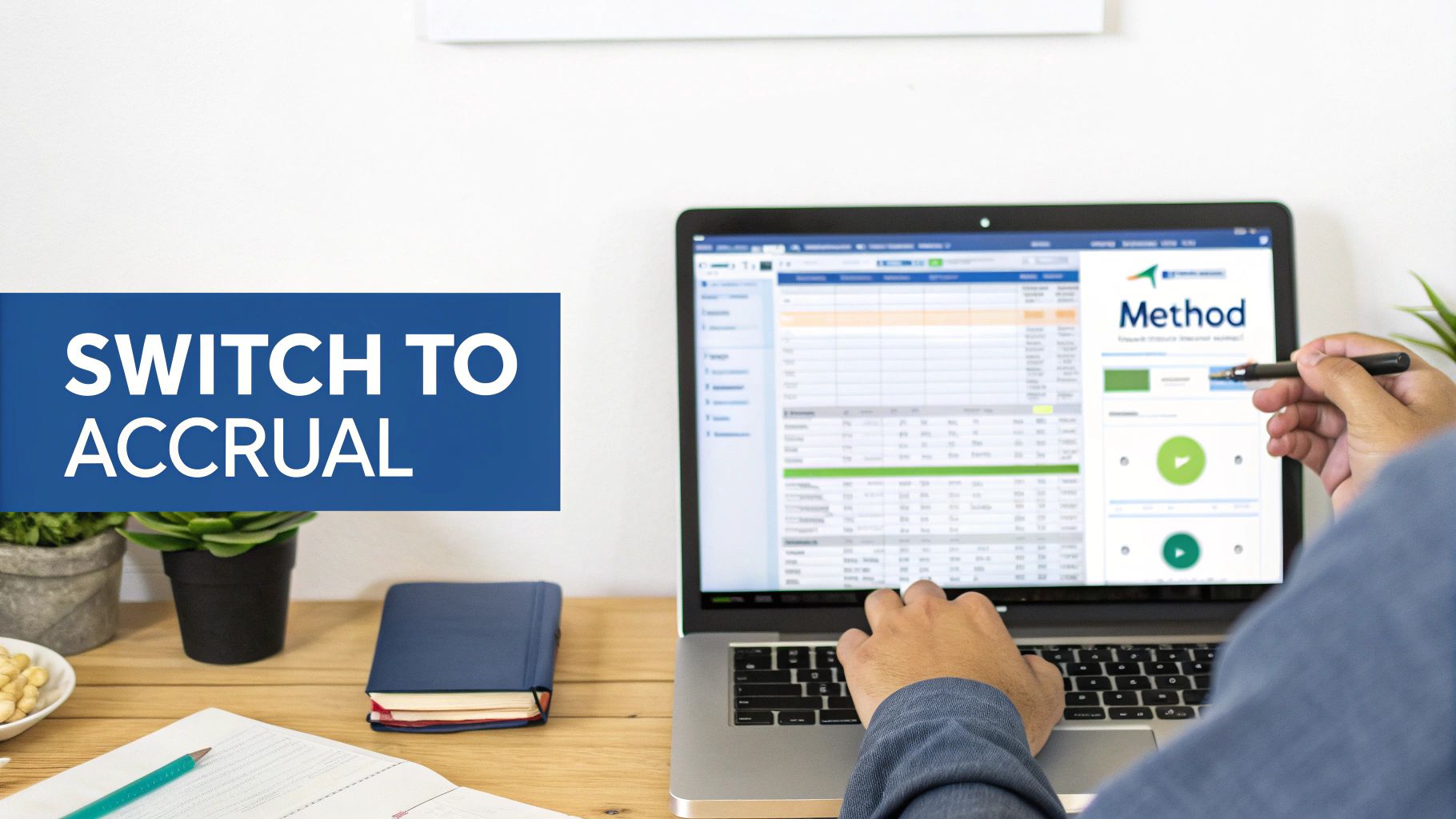 A split image showing a simple piggy bank on one side and a detailed financial chart on the other, symbolizing the transition from cash to accrual accounting.