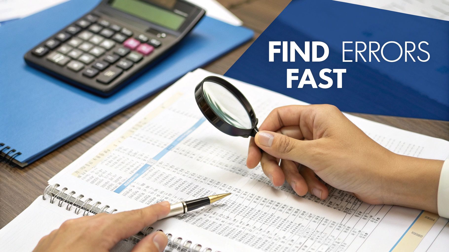 A person using a magnifying glass to inspect a financial document, symbolizing the error-checking process.