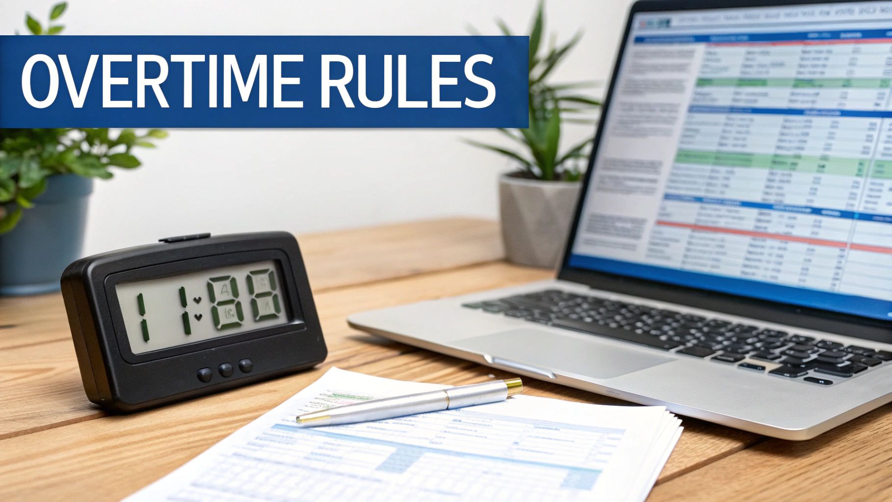 Desk with a laptop, digital clock showing 1:18, documents, and 'OVERTIME RULES' banner.