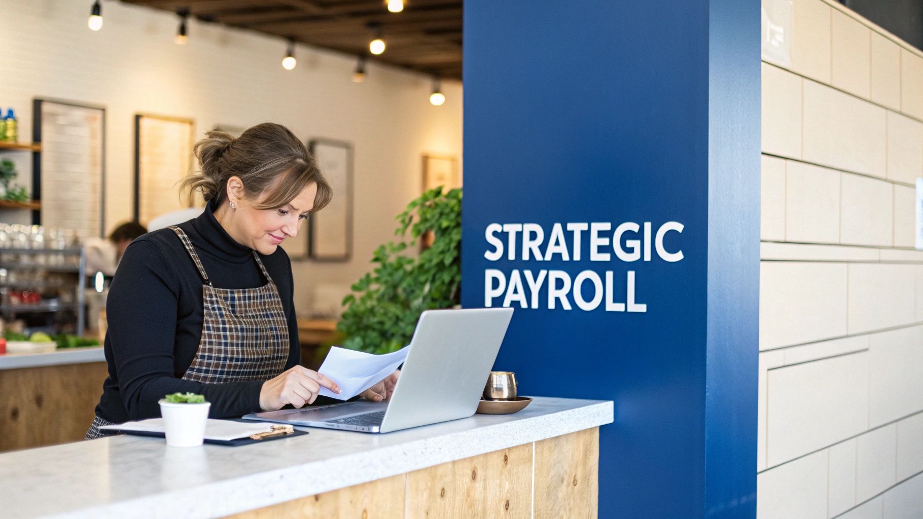 A smiling woman in an apron reviews documents on a laptop, with a 'Strategic Payroll' sign behind her.