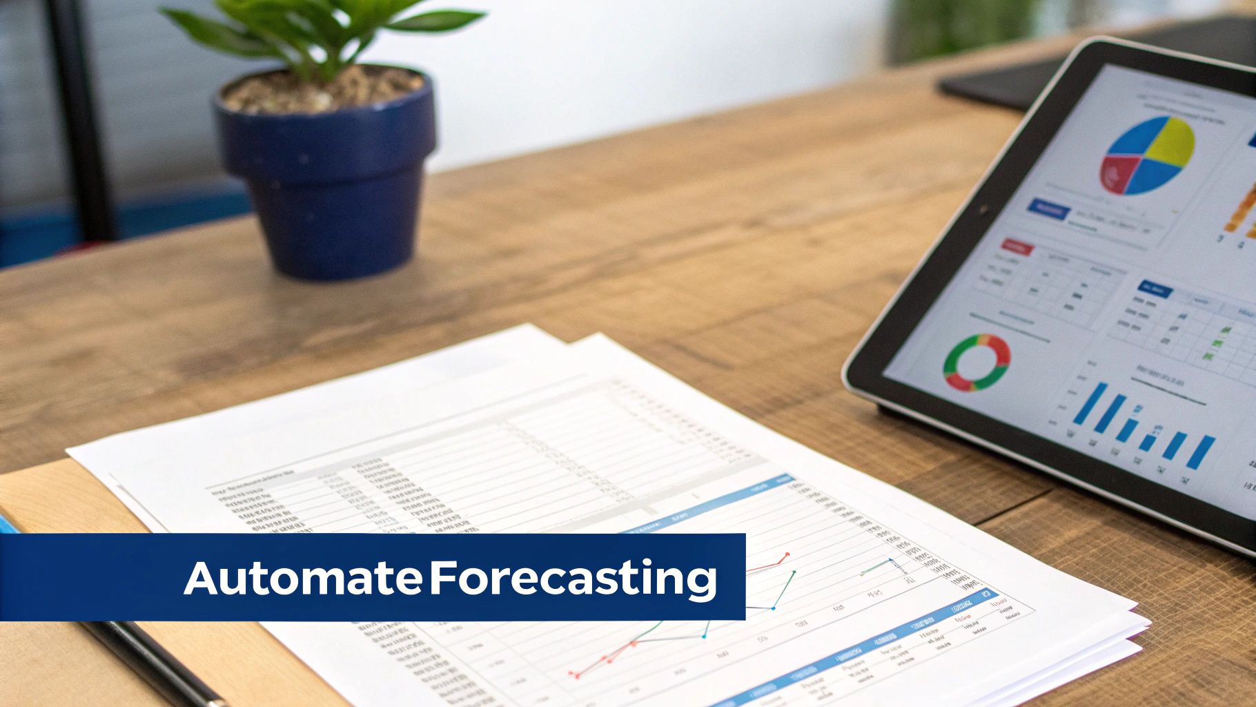 A desk setup with documents, charts, a tablet displaying data, and 'Automate Forecasting' text.