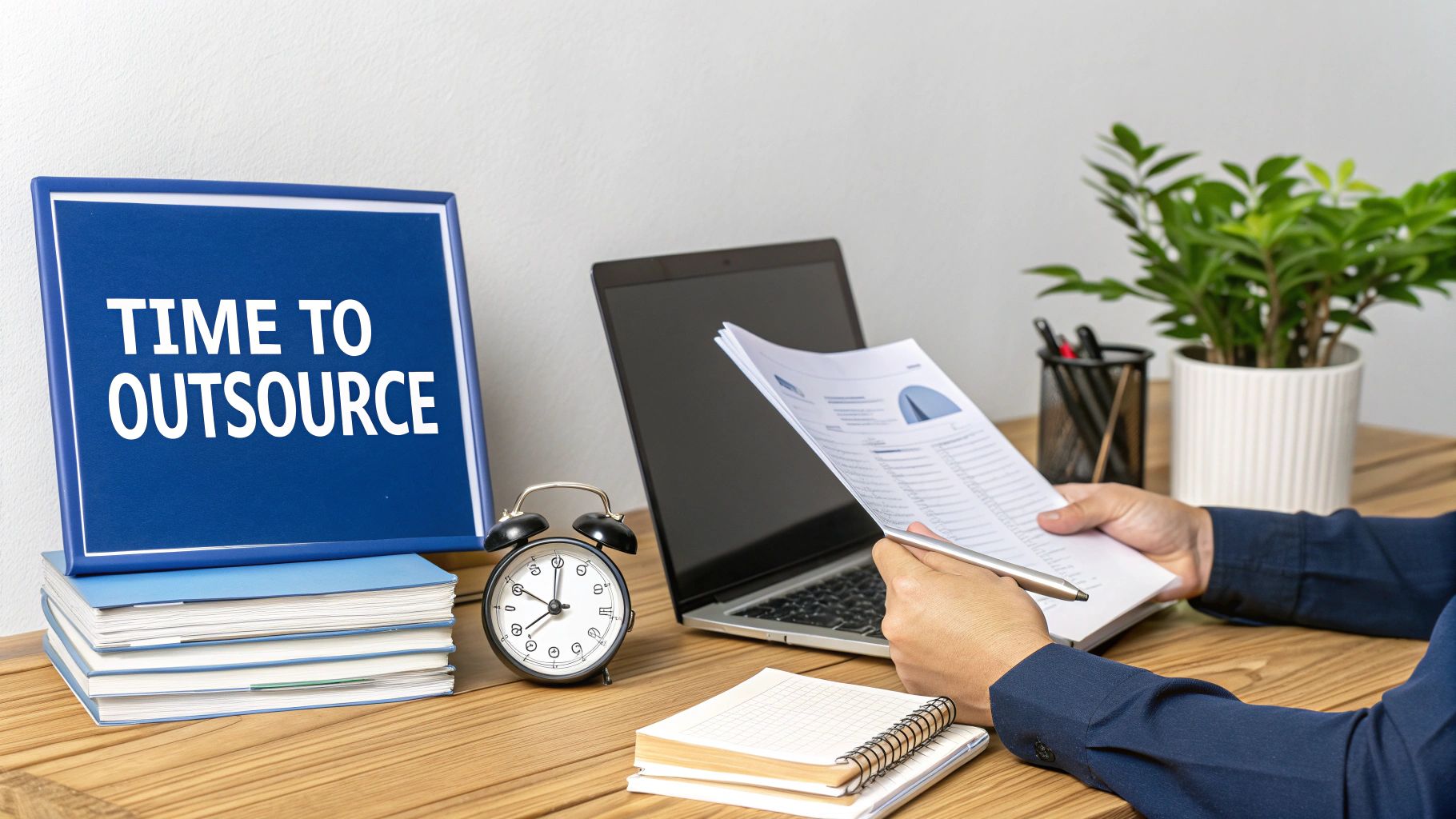 A desk with a 'TIME TO OUTSOURCE' sign, laptop, alarm clock, and a person reviewing documents.