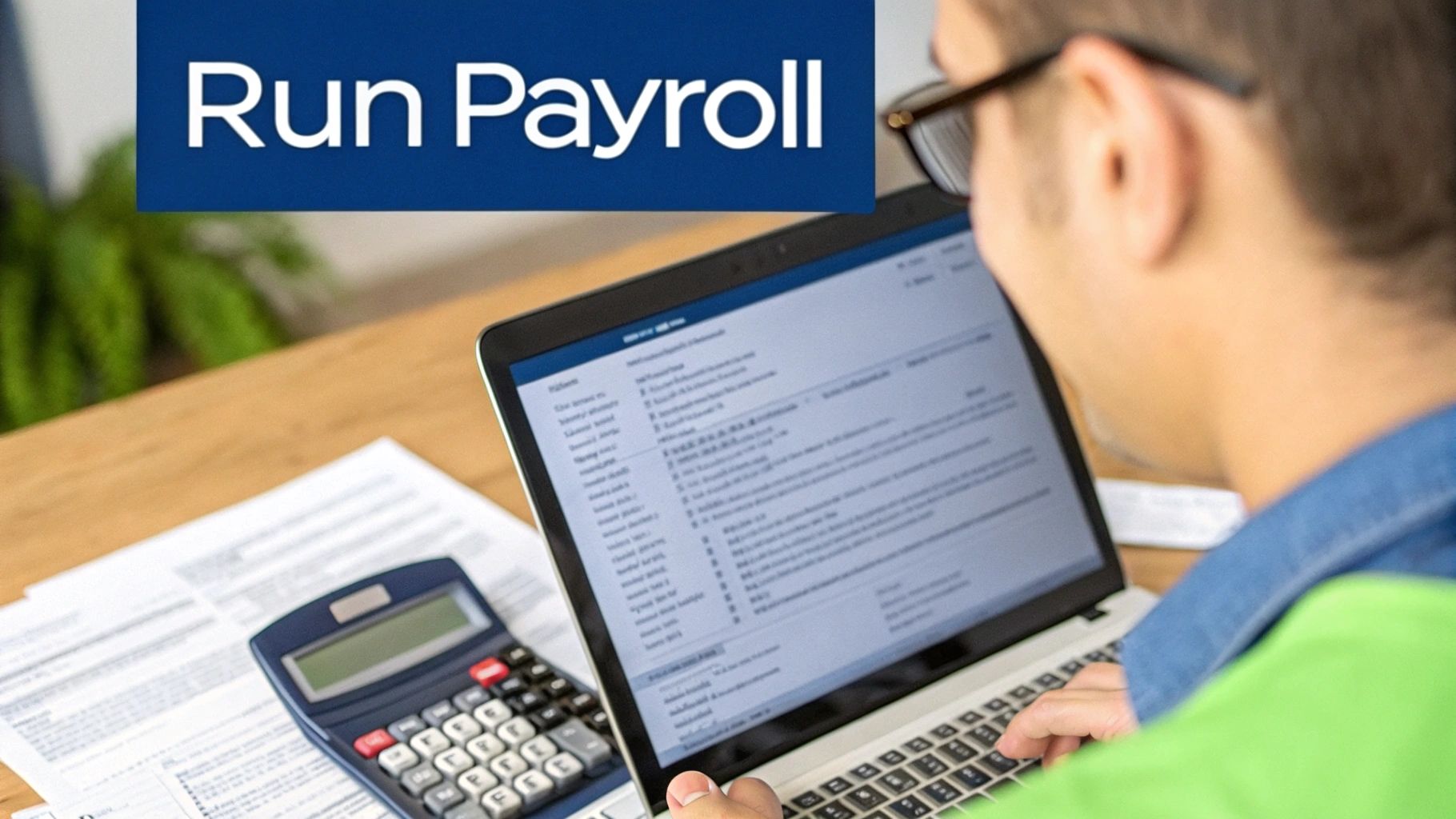 A person focuses on running payroll using a laptop, calculator, and documents on a desk.