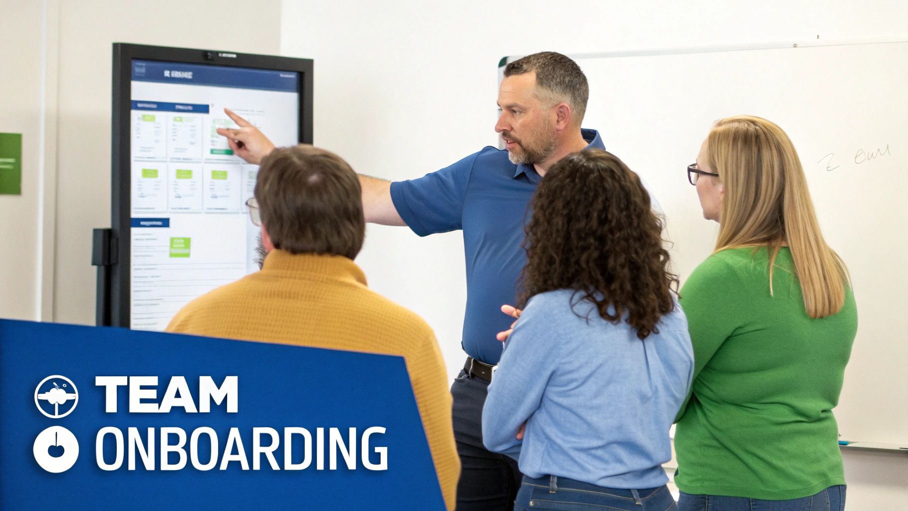 A male instructor points at a digital screen during a team onboarding session with three people.