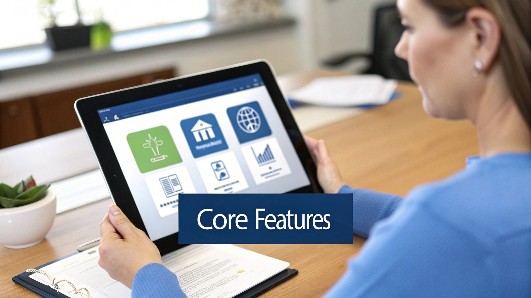 A woman holds a tablet displaying a software with various icons, with a "Core Features" overlay.