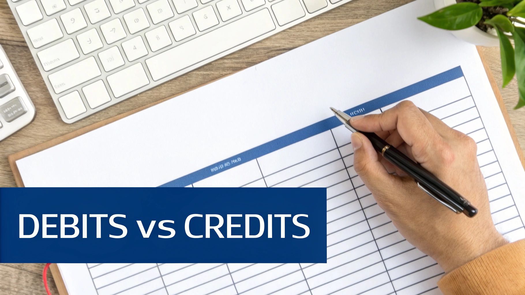 A hand writes on an accounting ledger with a prominent 'DEBITS vs CREDITS' text overlay.