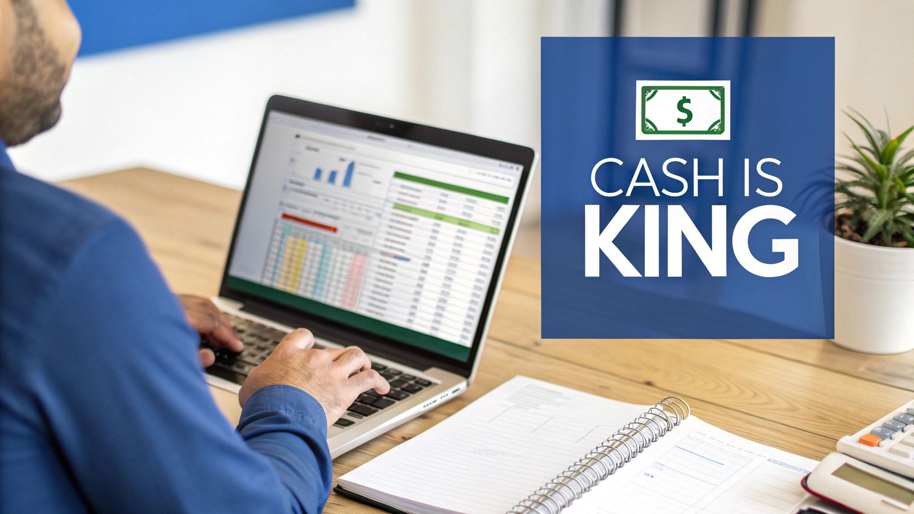 A person analyzes financial data on a laptop next to a prominent blue sign saying 'Cash is King'.