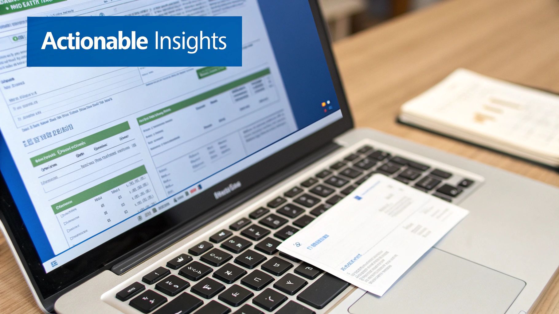 A laptop displaying data and an 'Actionable Insights' banner, with a card resting on its keyboard.