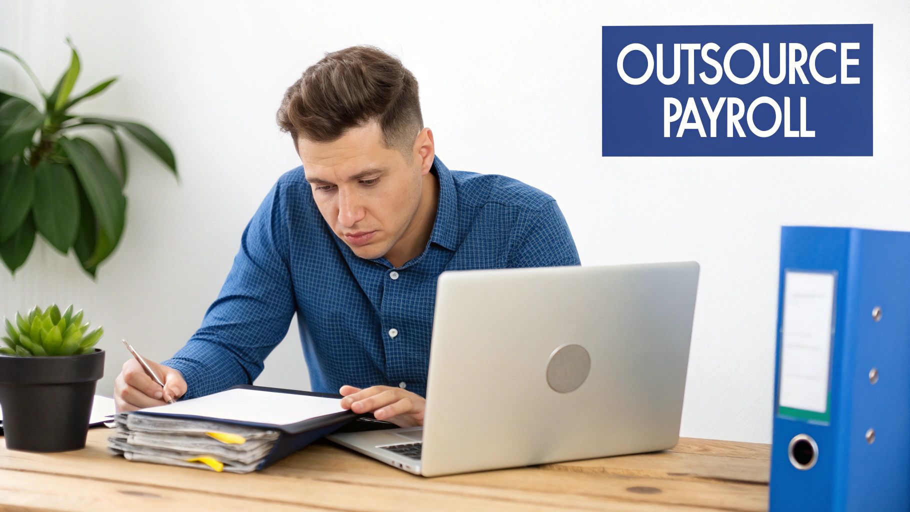 Man working on documents and a laptop at a desk, with an 'OUTSOURCE PAYROLL' sign.