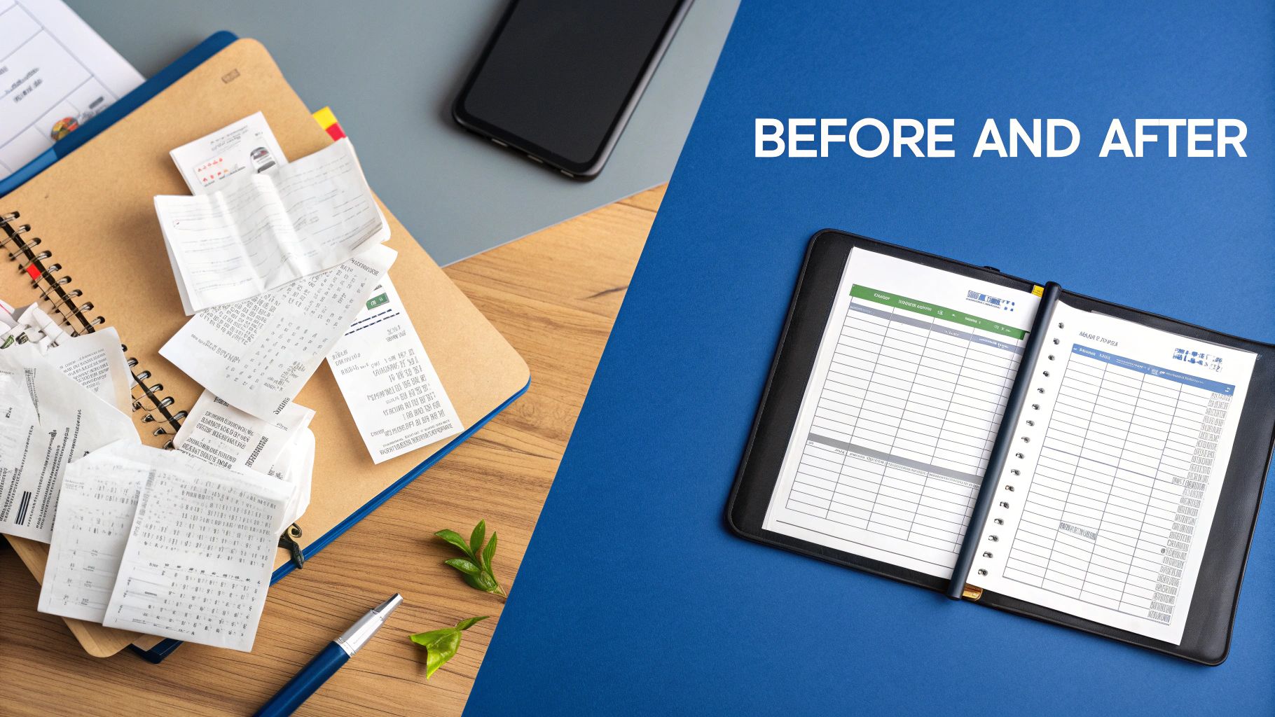 Before and after image showing messy receipts on left and organized financial ledgers on right.