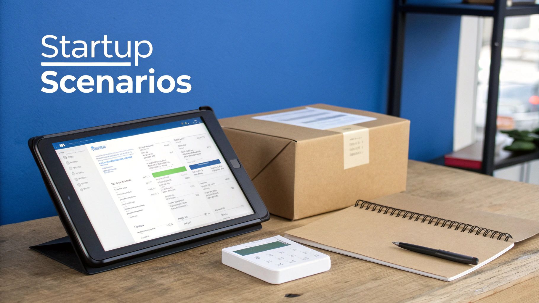 A tablet, cardboard box, calculator, notebook, and pen on a desk, representing startup tools.