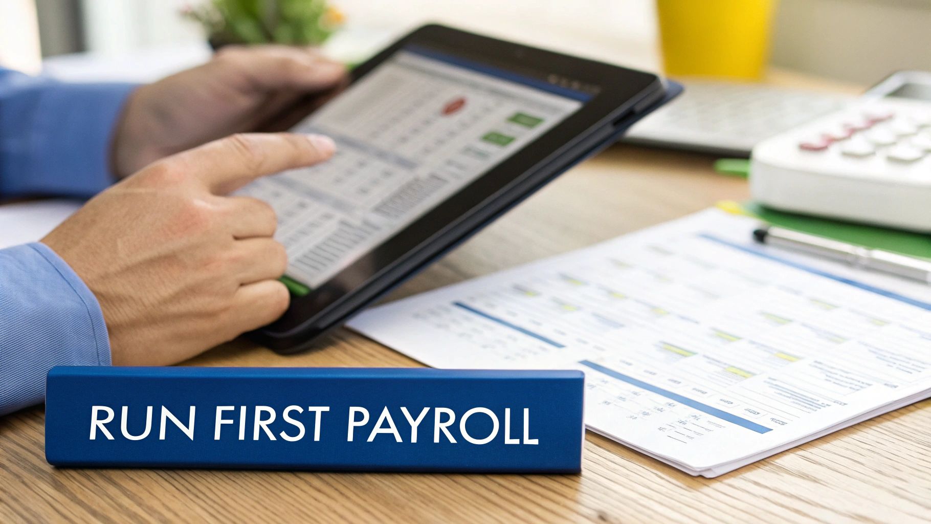 A person uses a tablet with financial data, next to a 'RUN FIRST PAYROLL' block on a wooden desk.
