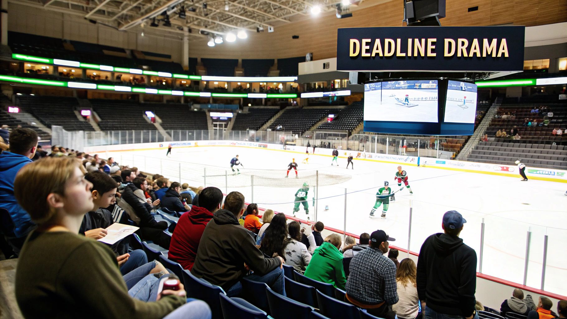 A hockey player looking intently down the ice, symbolizing the focused strategy needed at the trade deadline.