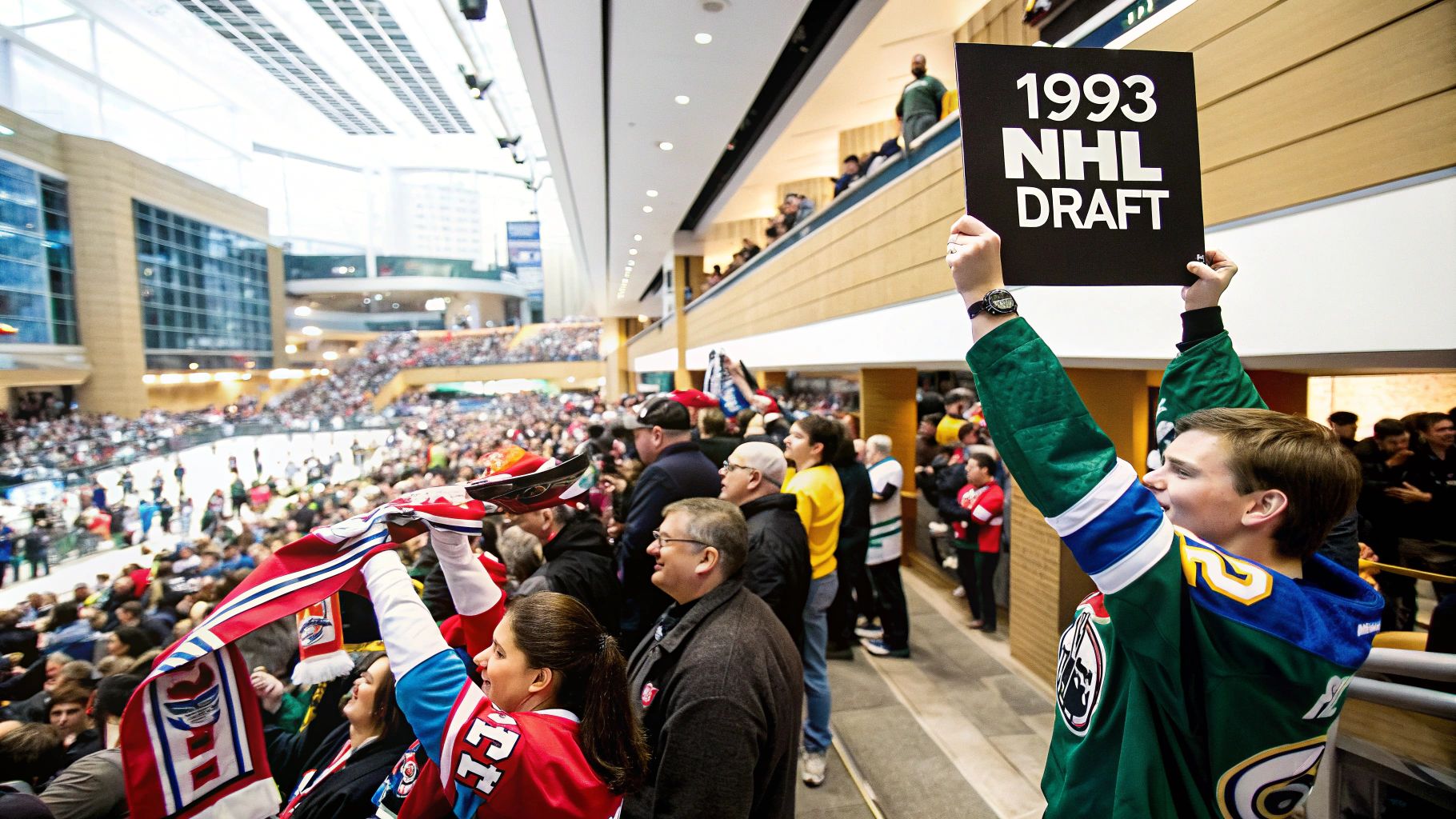 A vintage photograph showing a wide view of an NHL draft floor from the early 1990s, with teams at their tables and a large screen in the background.
