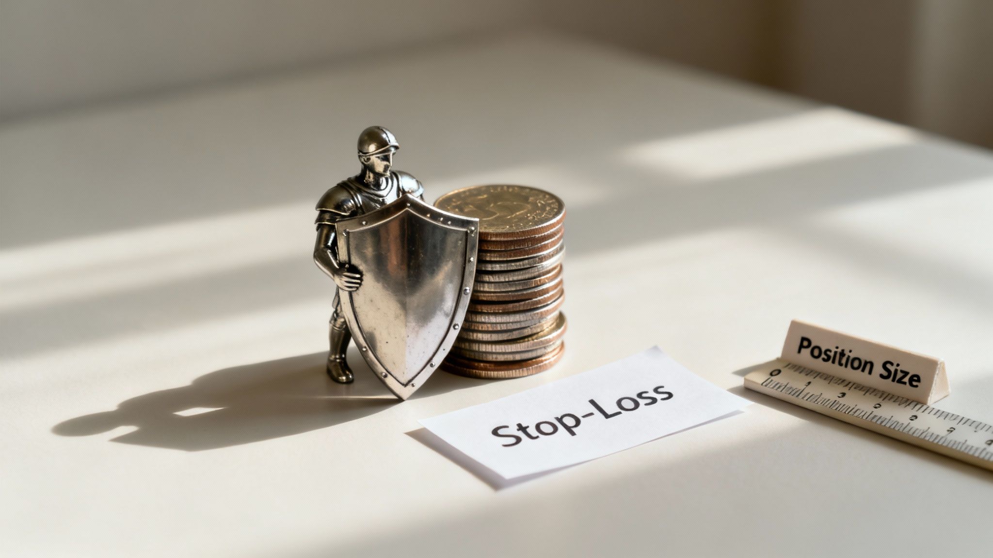 A person adjusting a risk dial with labels like 'Stop-Loss', 'Position Size', and 'Leverage', symbolizing control over trading risks.