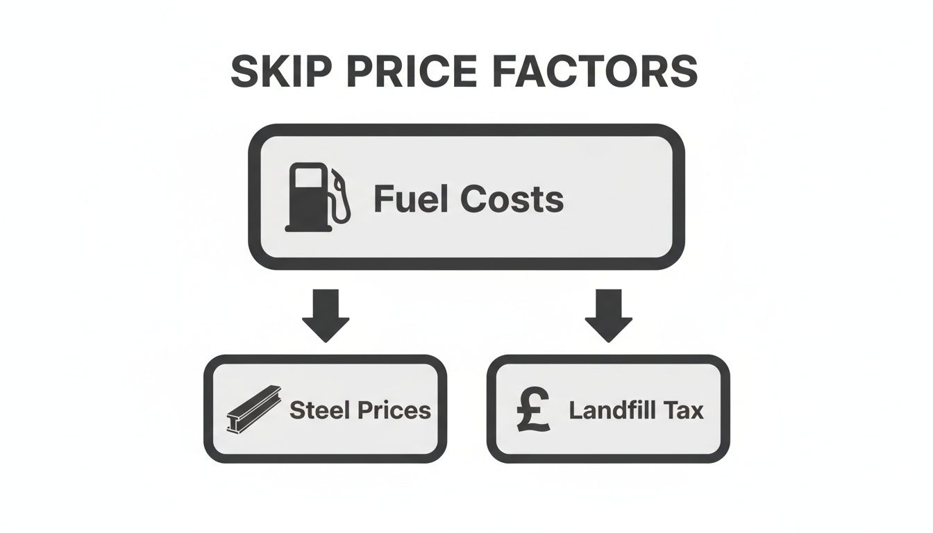 A flowchart illustrating skip price factors, showing fuel costs influencing steel prices and landfill tax.