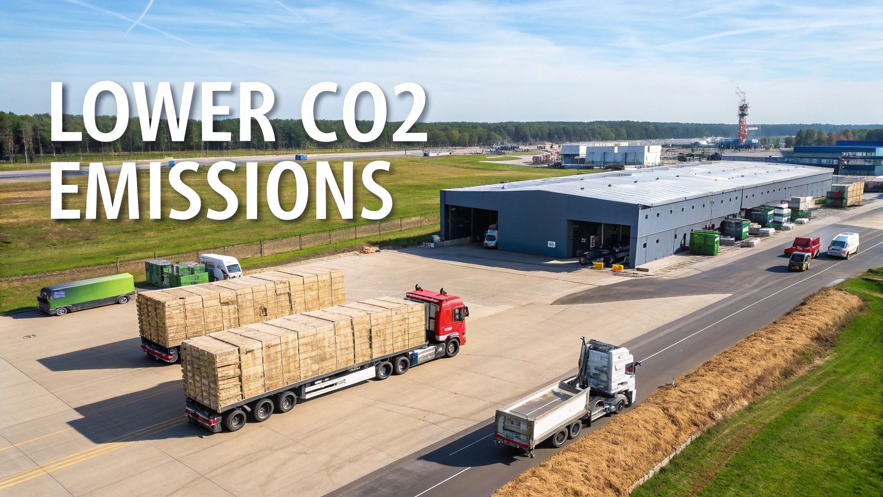 Aerial view of an industrial facility with trucks loaded with goods, promoting lower CO2 emissions.