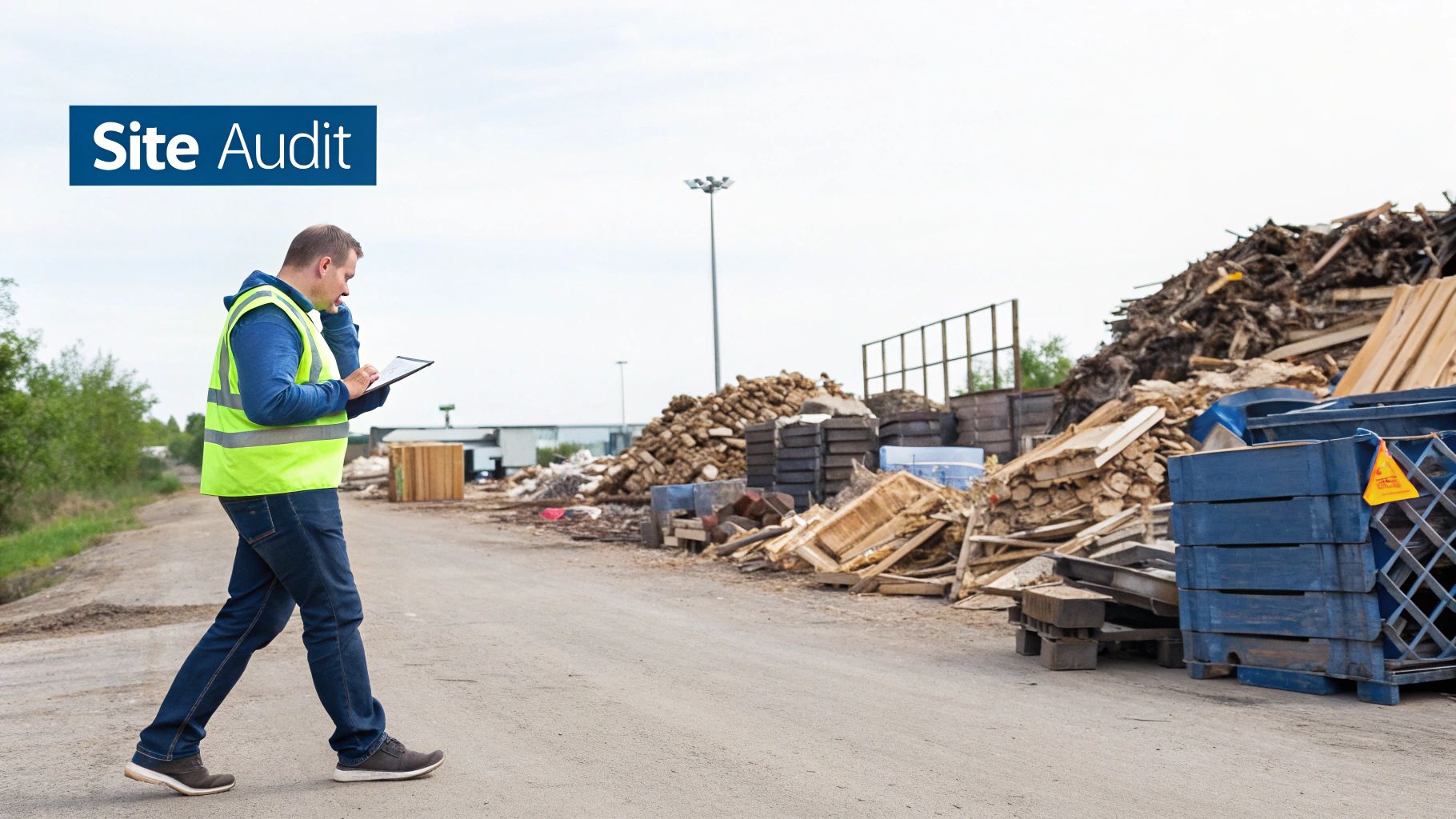 A construction worker sorts different types of waste materials into designated skips on a well-organised site.