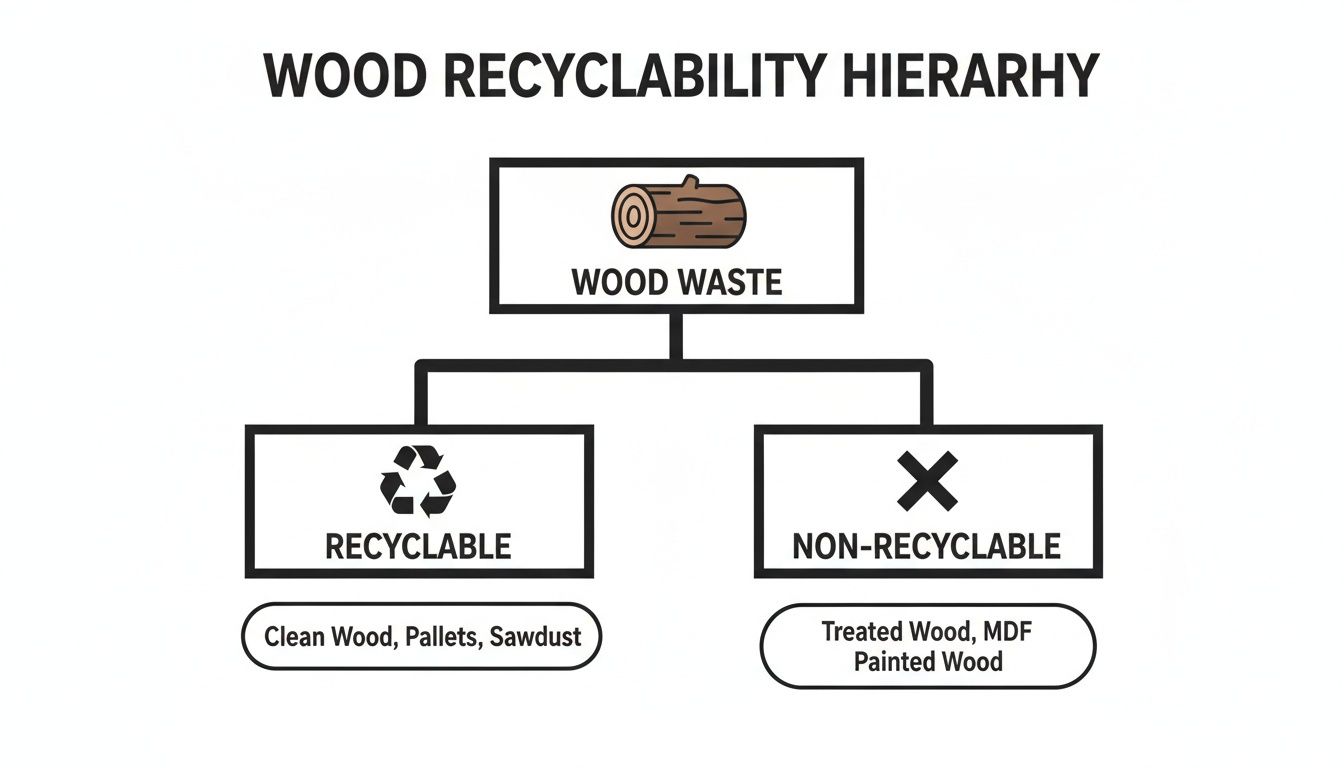 Diagram showing wood recyclability hierarchy: clean wood, pallets, sawdust are recyclable; treated wood, MDF, painted wood are not.