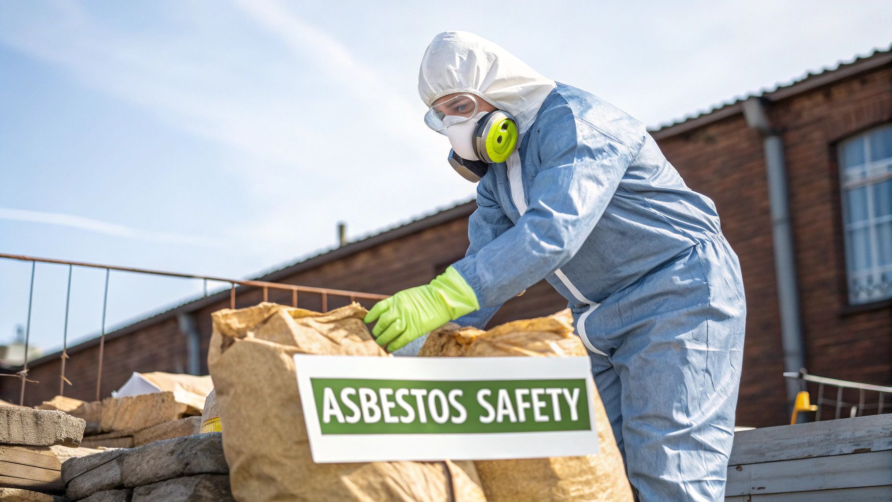 A person wearing full personal protective equipment for asbestos handling