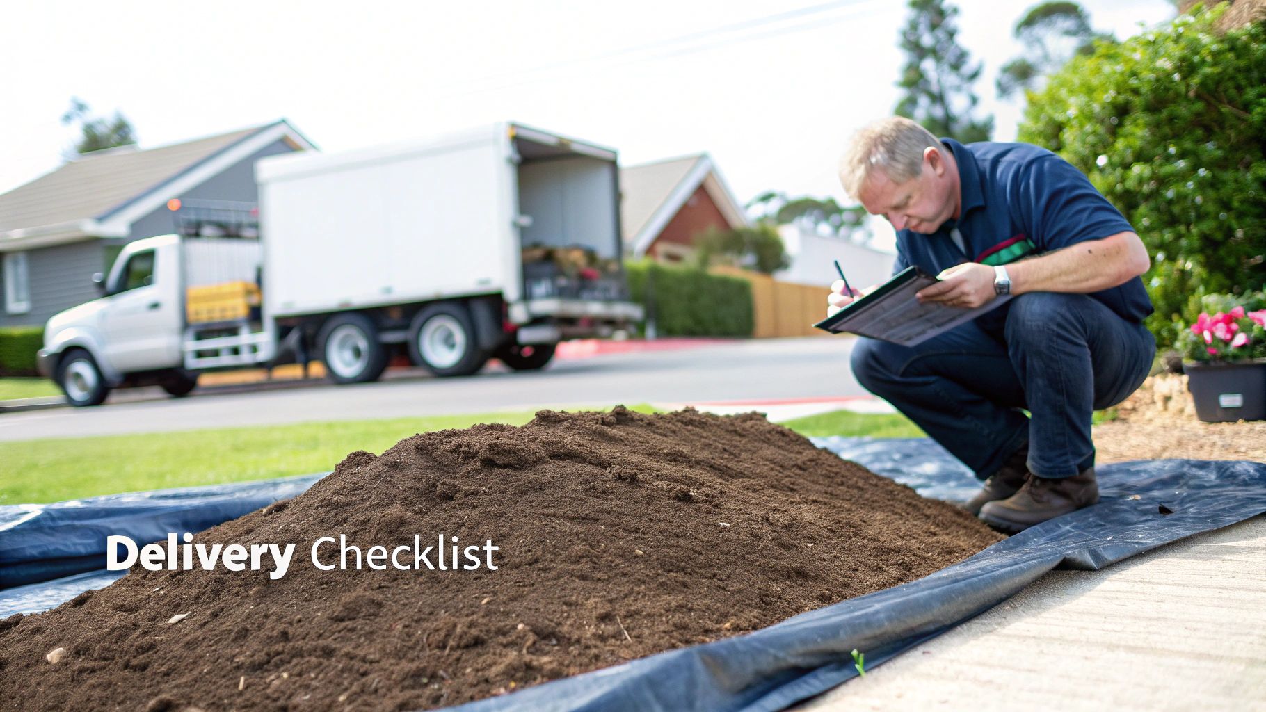 A delivery person checking a checklist next to a pile of topsoil on a tarp, with a delivery truck in the background.