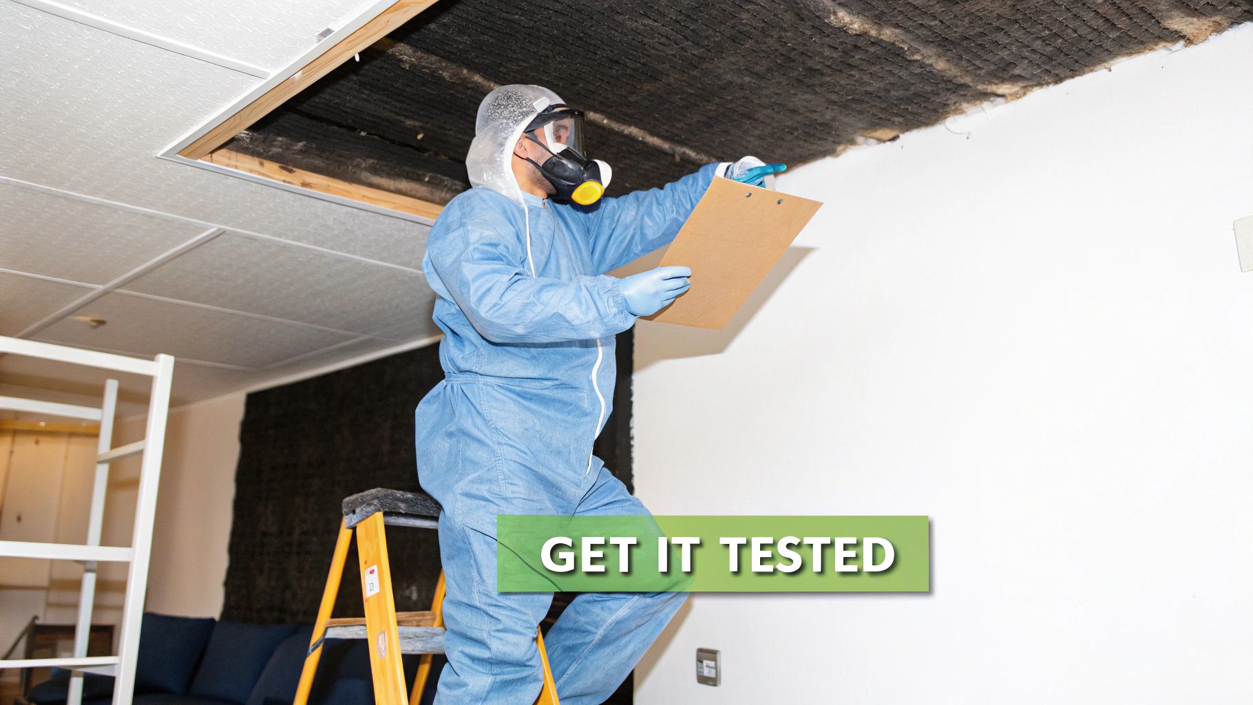 A person in a hazmat suit inspecting a damaged ceiling for asbestos or mold, holding a clipboard.
