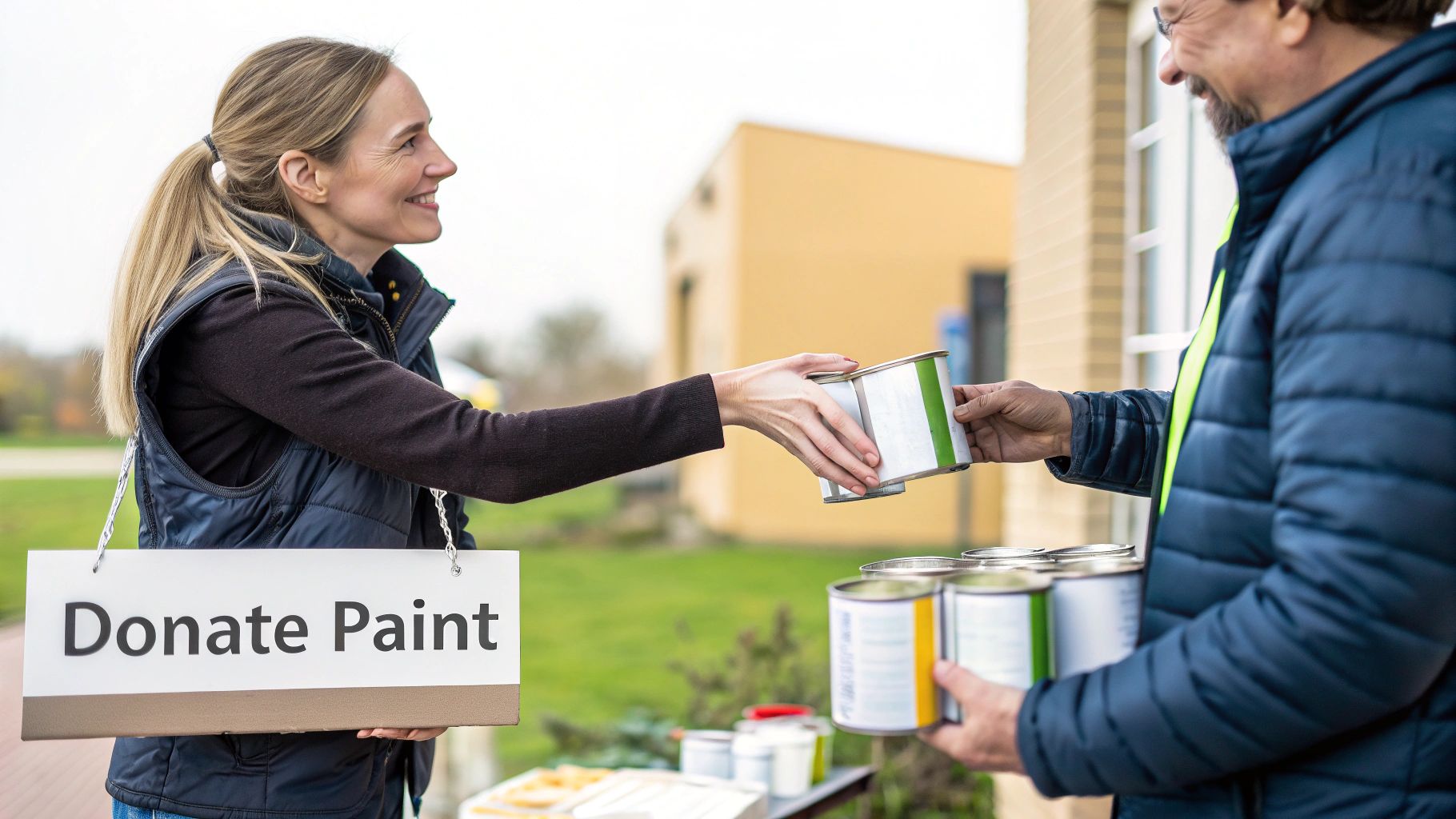 A smiling woman hands paint cans to a man at a 'Donate Paint' collection event.