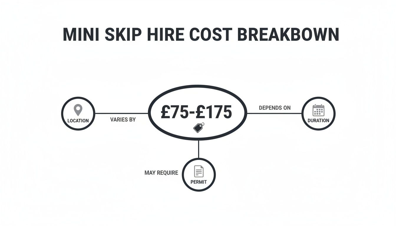 Mini skip hire cost breakdown diagram illustrating prices (£75-£175) influenced by location, duration, and permit.