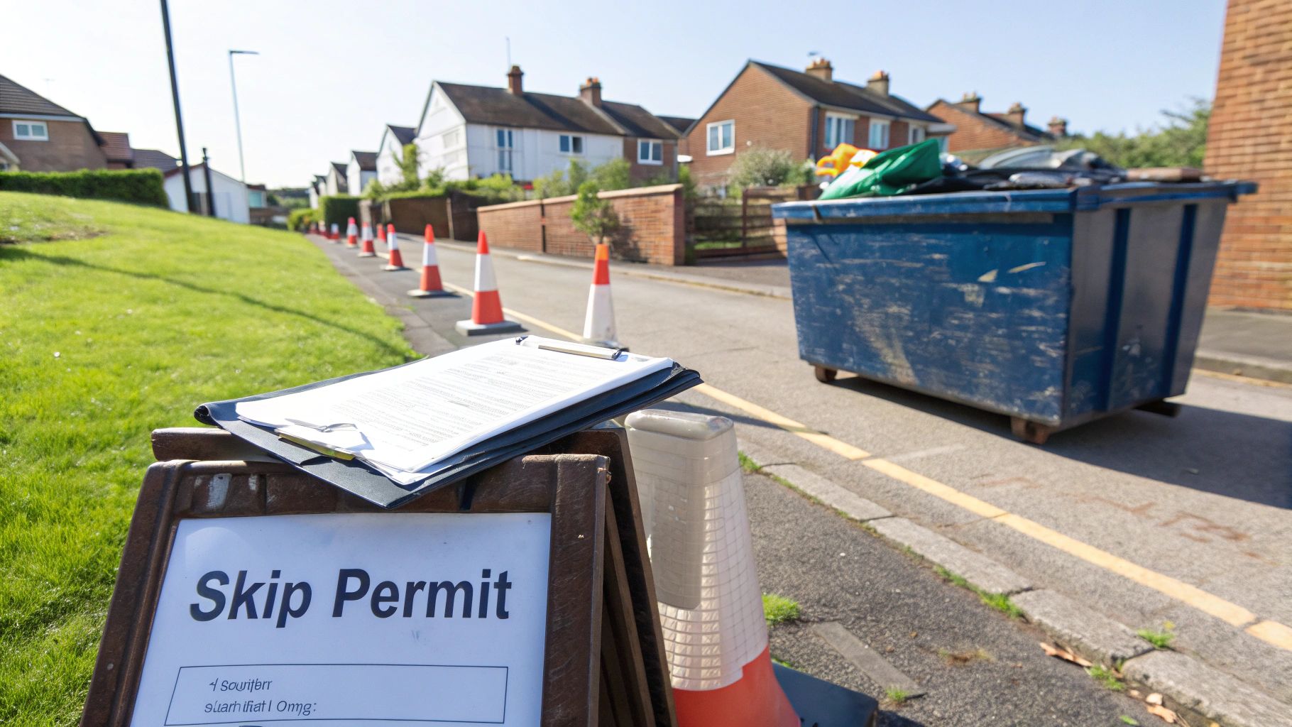 A 'Skip Permit' sign and clipboard on a residential street with traffic cones and a blue skip bin.