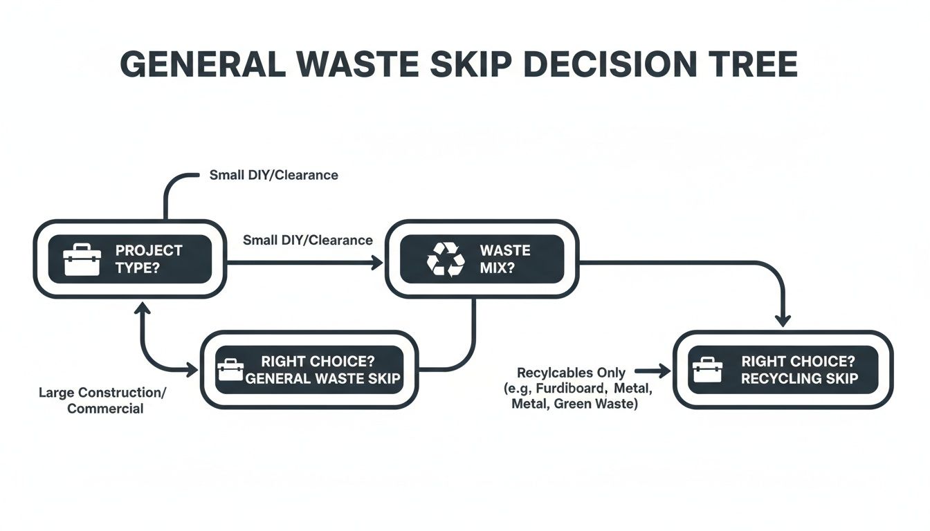 Decision tree illustrating how to choose between general waste and recycling skips based on project type and waste mix.