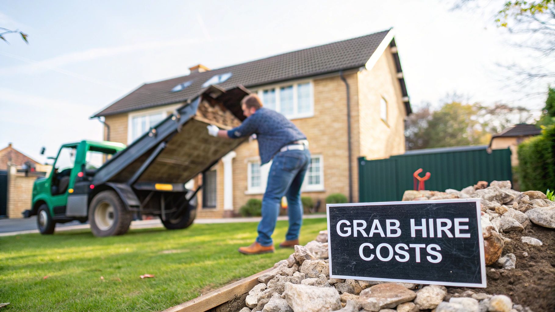 A man unloads a green grab hire truck in front of a house, with a 'Grab Hire Costs' sign.
