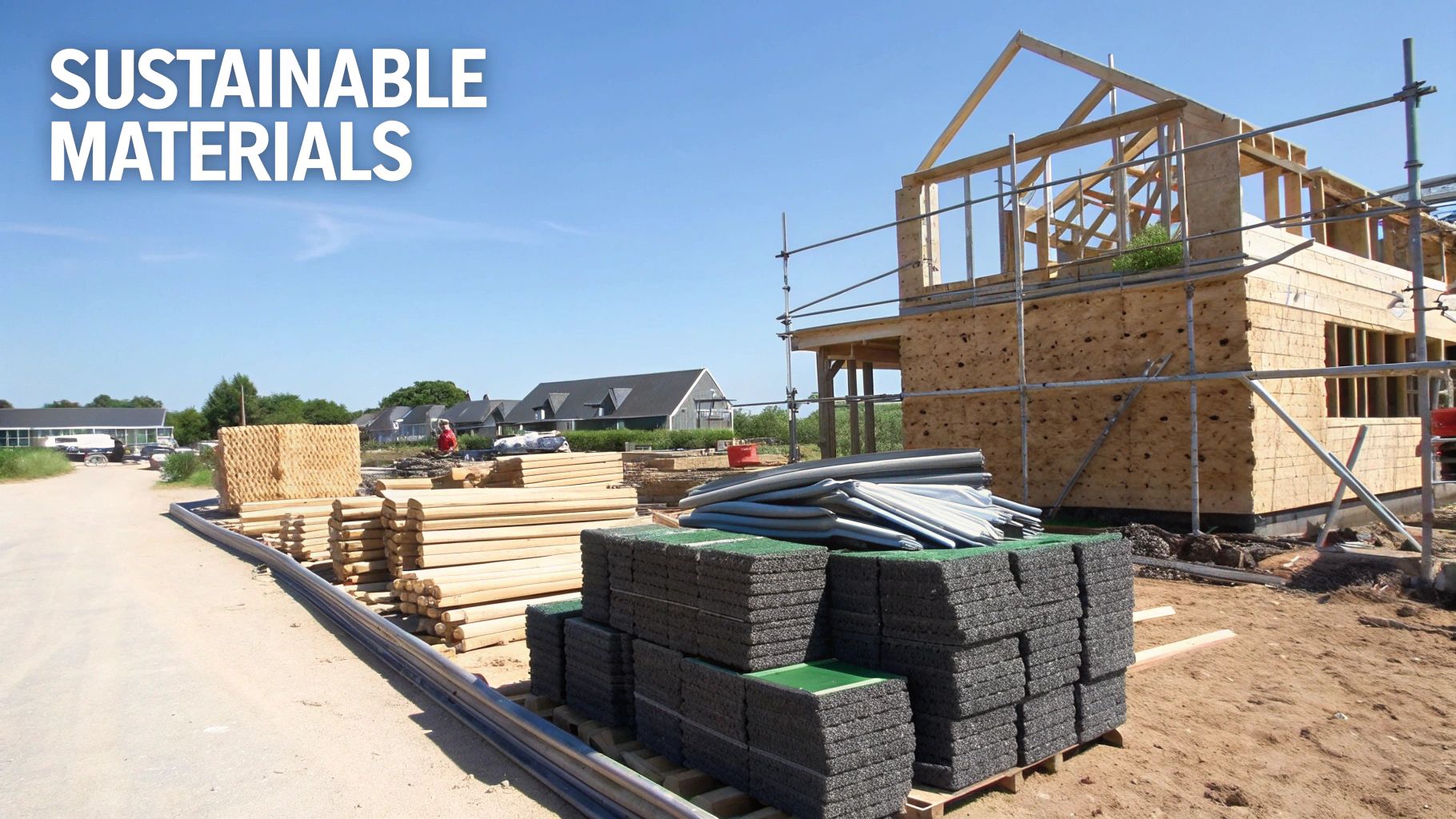 A modern timber-framed building under construction.