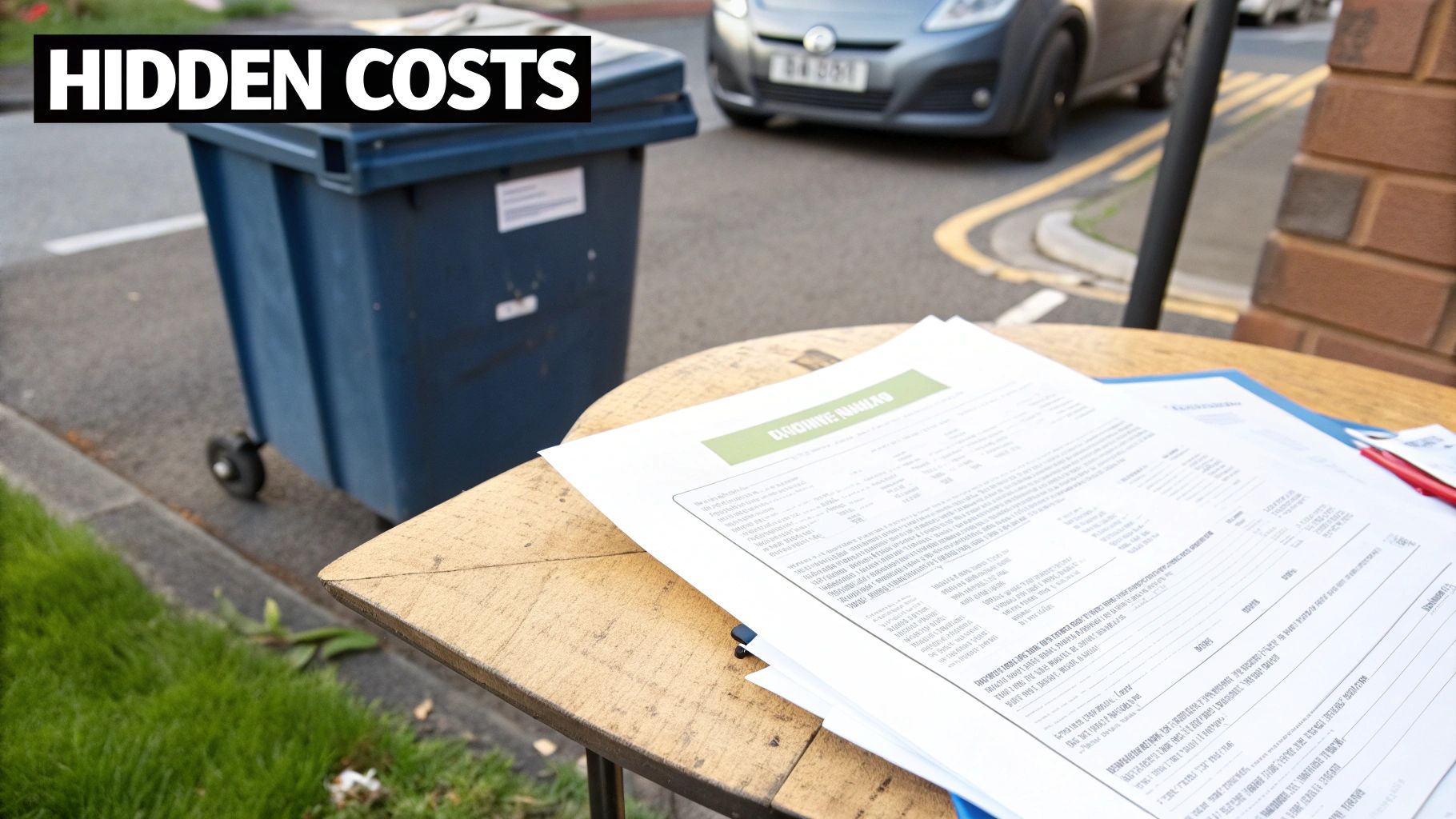 A table with documents and a red pen, featuring a prominent 'HIDDEN COSTS' title.